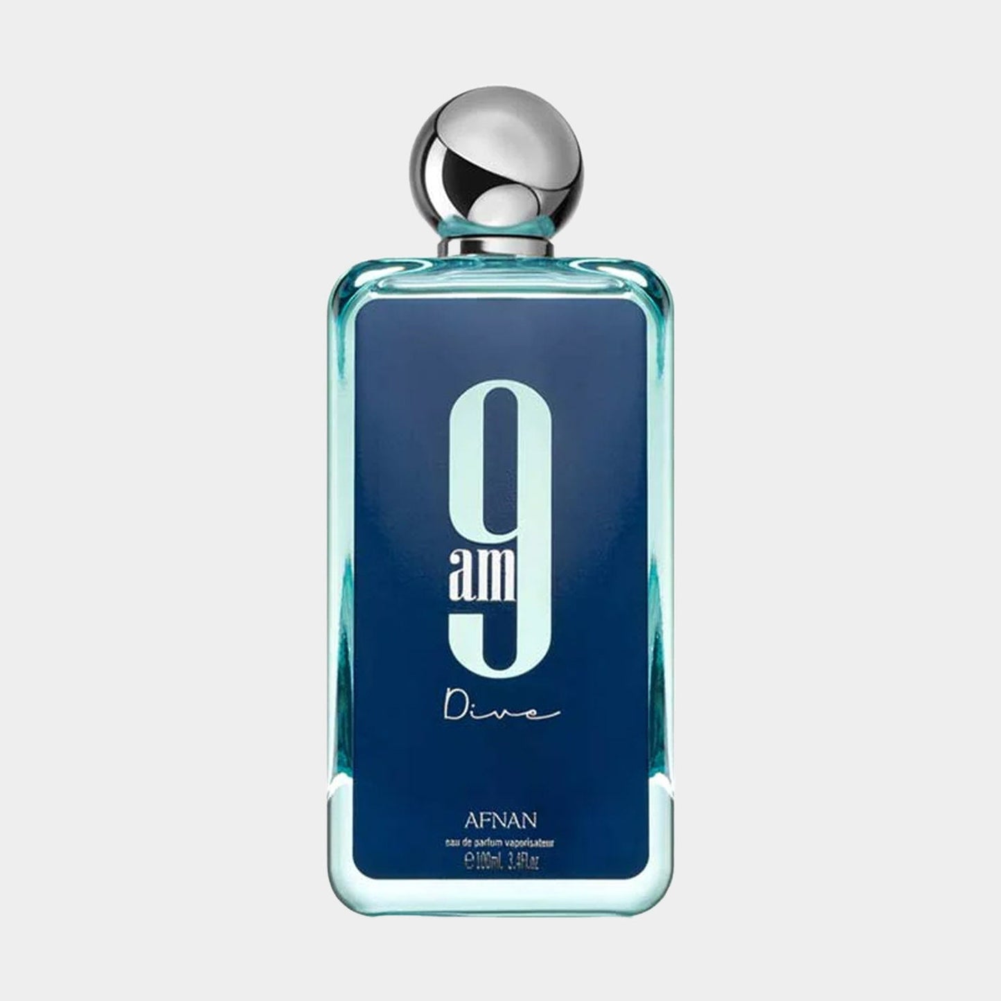 Afnan Perfumes 9AM Dive Sample features a sleek turquoise bottle with a silver cap, showcasing the brand's logo and product name prominently on the label.