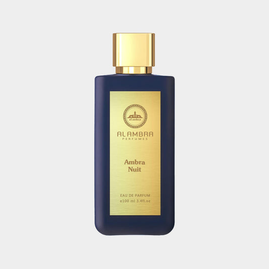 Al Ambra Ambra Nuit Sample, featuring a sleek dark blue bottle with a gold cap and label, containing 100 ml of Eau de Parfum.