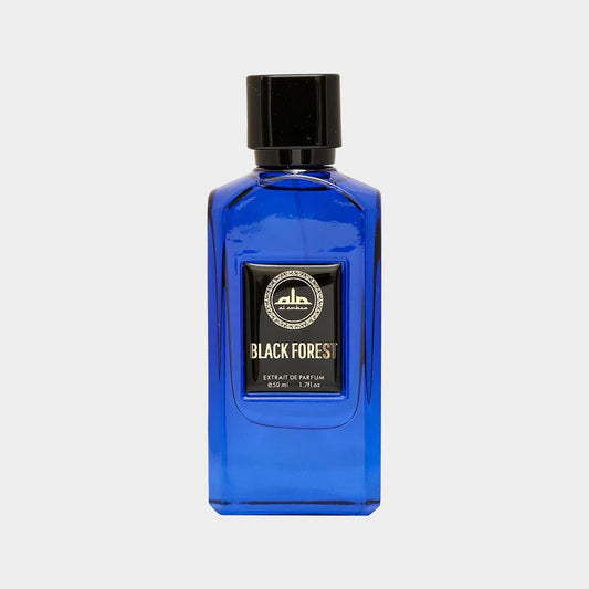 Al Ambra Black Forest Sample is a 50 ml bottle of extrait de parfum with a striking blue design and a sleek black cap, capturing the essence of an enchanting forest. The fragrance promises a captivating aromatic experience.