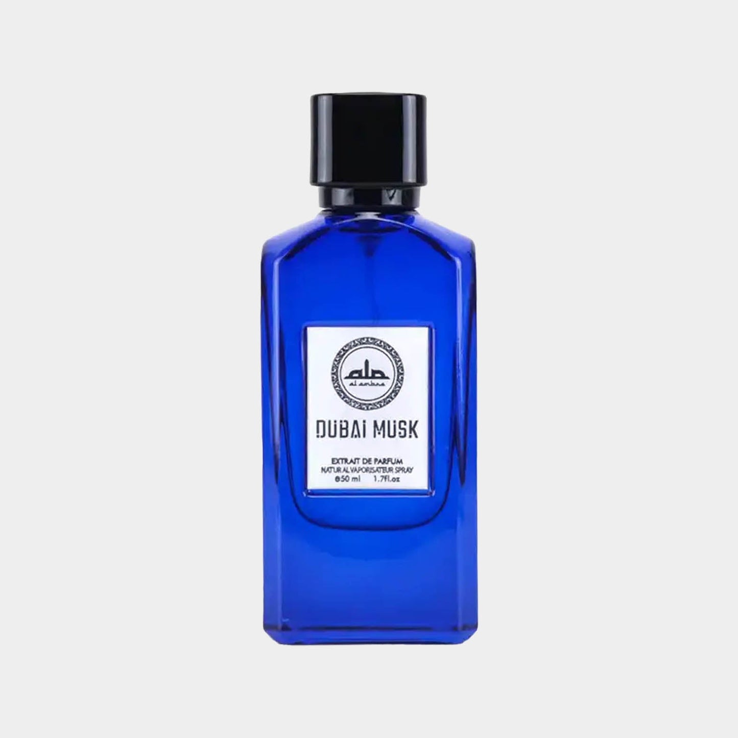 Al Ambra Dubai Musk Sample is a small, elegantly designed blue glass bottle featuring a black cap and a minimalist label, containing a luxurious musk fragrance. The sample size is ideal for testing or travel.