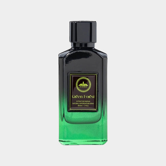 A full bottle of Al Ambra Green Forest, featuring a sleek black and green design. The fragrance is presented in a rectangular glass bottle with a black cap, showcasing an elegant and vibrant appearance.