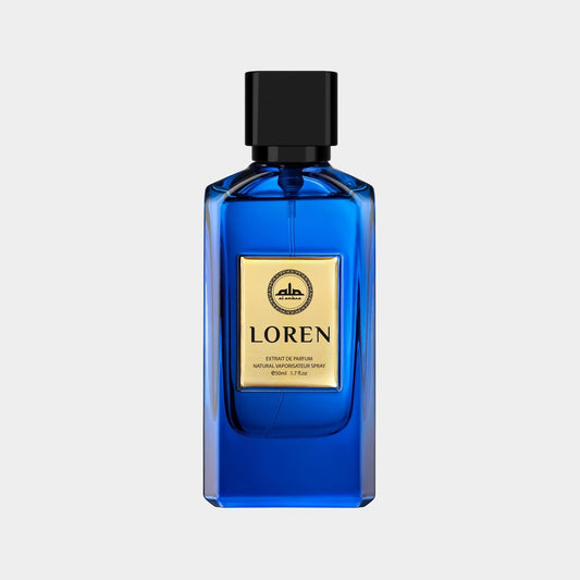 Al Ambra Loren full bottle, featuring a sleek blue glass design with a black cap and a gold label, presenting a luxurious fragrance in a 60ml size.