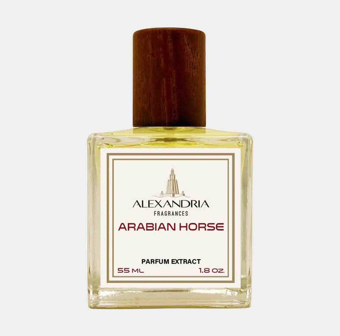 A bottle of Alexandria Fragrances Arabian Horse Sample, featuring a sleek design with a wooden cap and a label indicating it is a 55 ml parfum extract.
