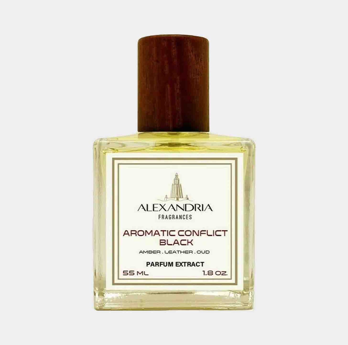 A bottle of Alexandria Fragrances Aromatic Conflict sample, featuring a rich amber-colored liquid in a square glass bottle with a wooden cap. The label indicates it is a parfum extract with notes of leather and oud, in a 55 ml size.