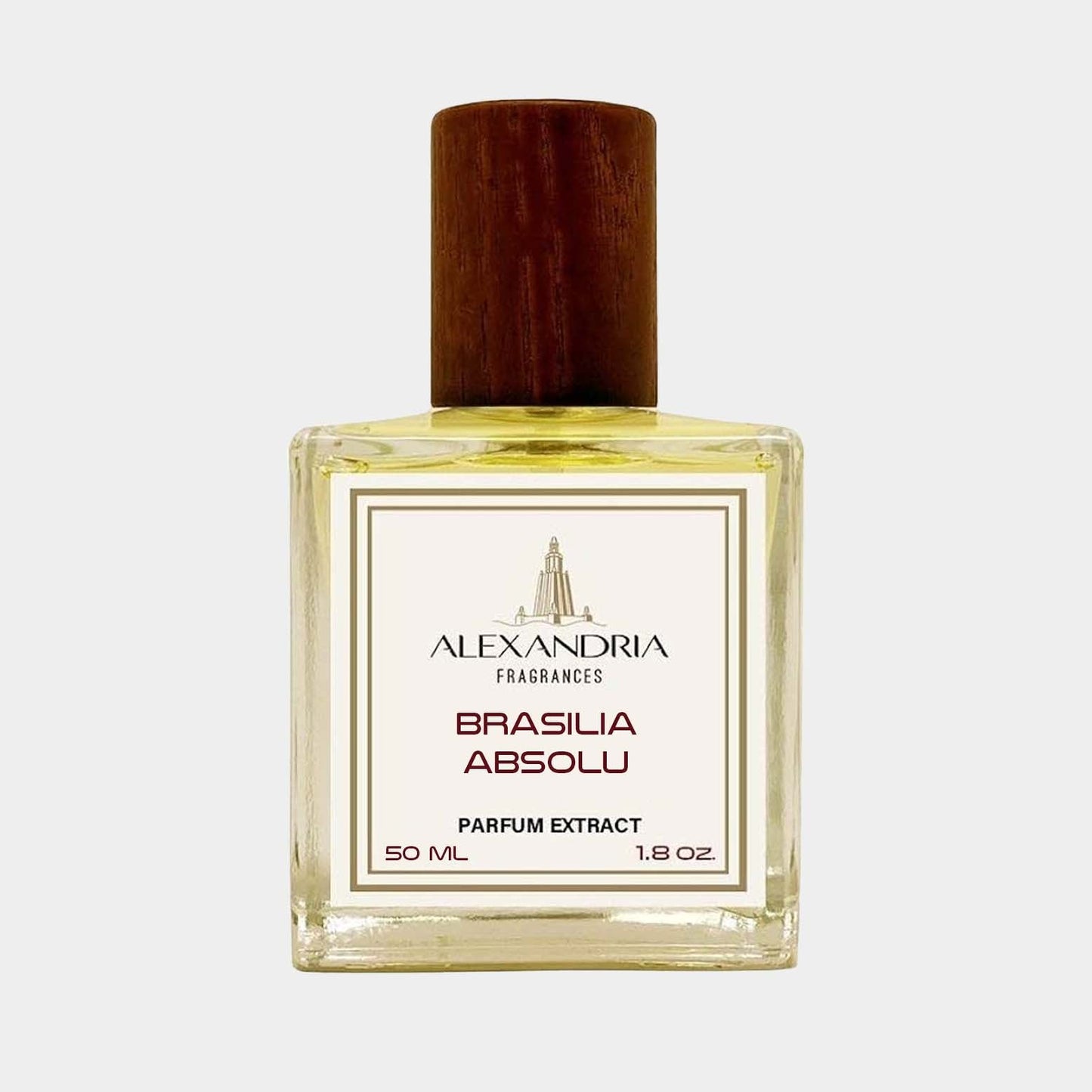 A full bottle of Alexandria Fragrances Brasilia Absolu, featuring a square glass design with a wooden cap, containing 50 ml of parfum extract. The label displays the brand name prominently at the top.