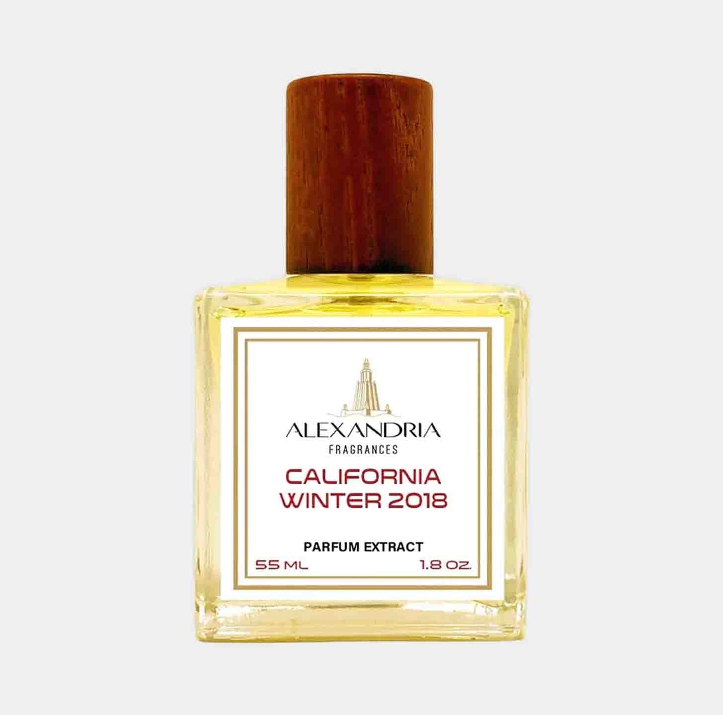 A bottle of Alexandria Fragrances California Winter Sample, featuring a wooden cap and a label that reads California Winter 2018 and Parfum Extract in bold letters. The bottle holds 55 ml (1.8 oz) of fragrance.