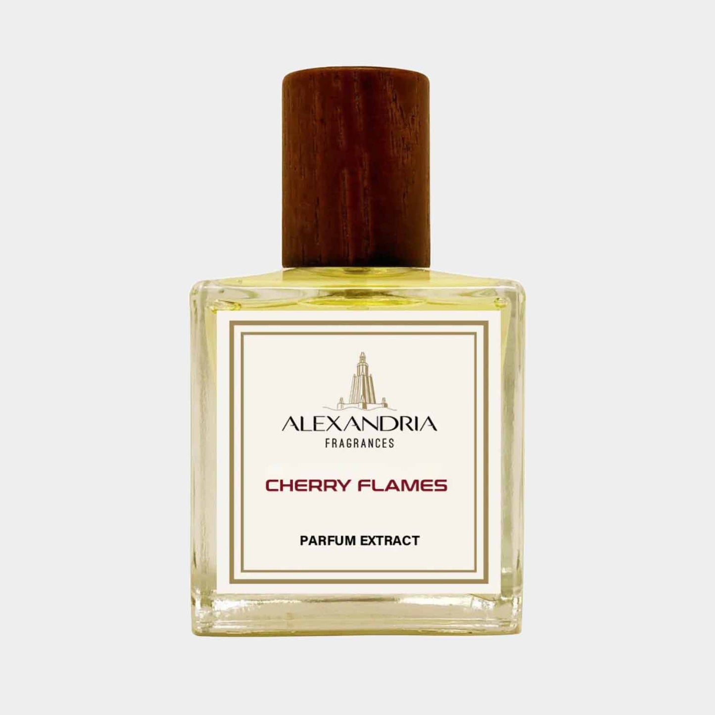 A bottle of Alexandria Fragrances Cherry Flames Sample, featuring a clear glass design with a wooden cap and a label that reads CHERRY FLAMES PARFUM EXTRACT. The fragrance has a warm, inviting appearance.