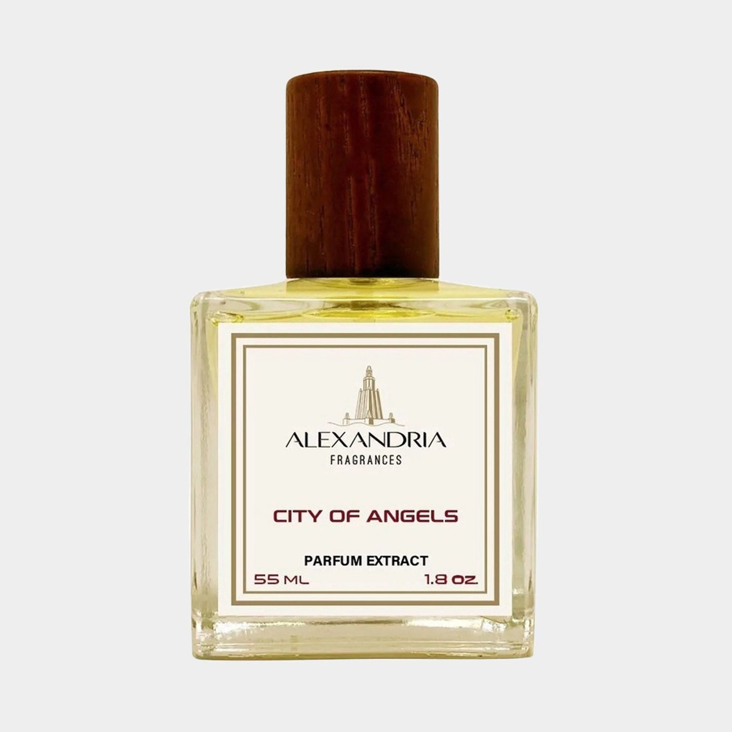 A bottle of Alexandria Fragrances City of Angels Sample, containing 55 ml of parfum extract, featuring a sleek design with a wooden cap and an elegant label.