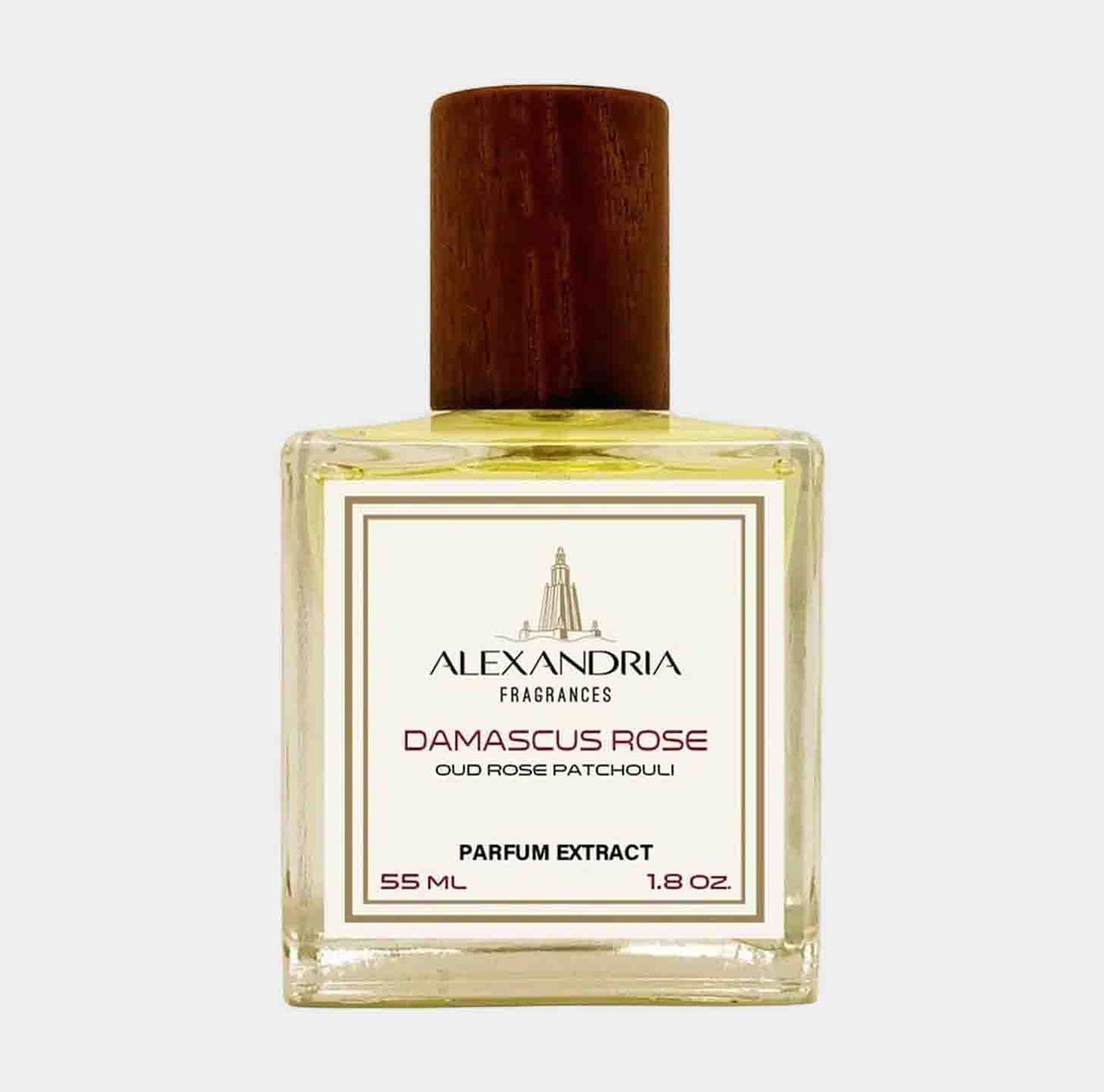 Alexandria Fragrances Damascus Rose Sample, a 55 ml parfum extract featuring a blend of oud, rose, and patchouli in an elegant glass bottle with a wooden cap.
