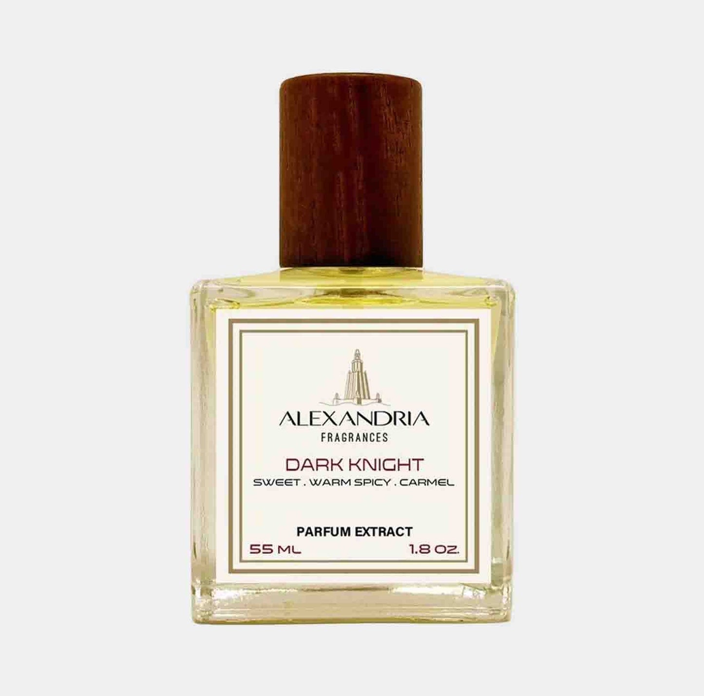 A glass bottle of Alexandria Fragrances Dark Knight Sample, featuring a wooden cap and a label that notes its scent profile as sweet, warm, spicy, and caramel. The bottle holds 55 ml of parfum extract.
