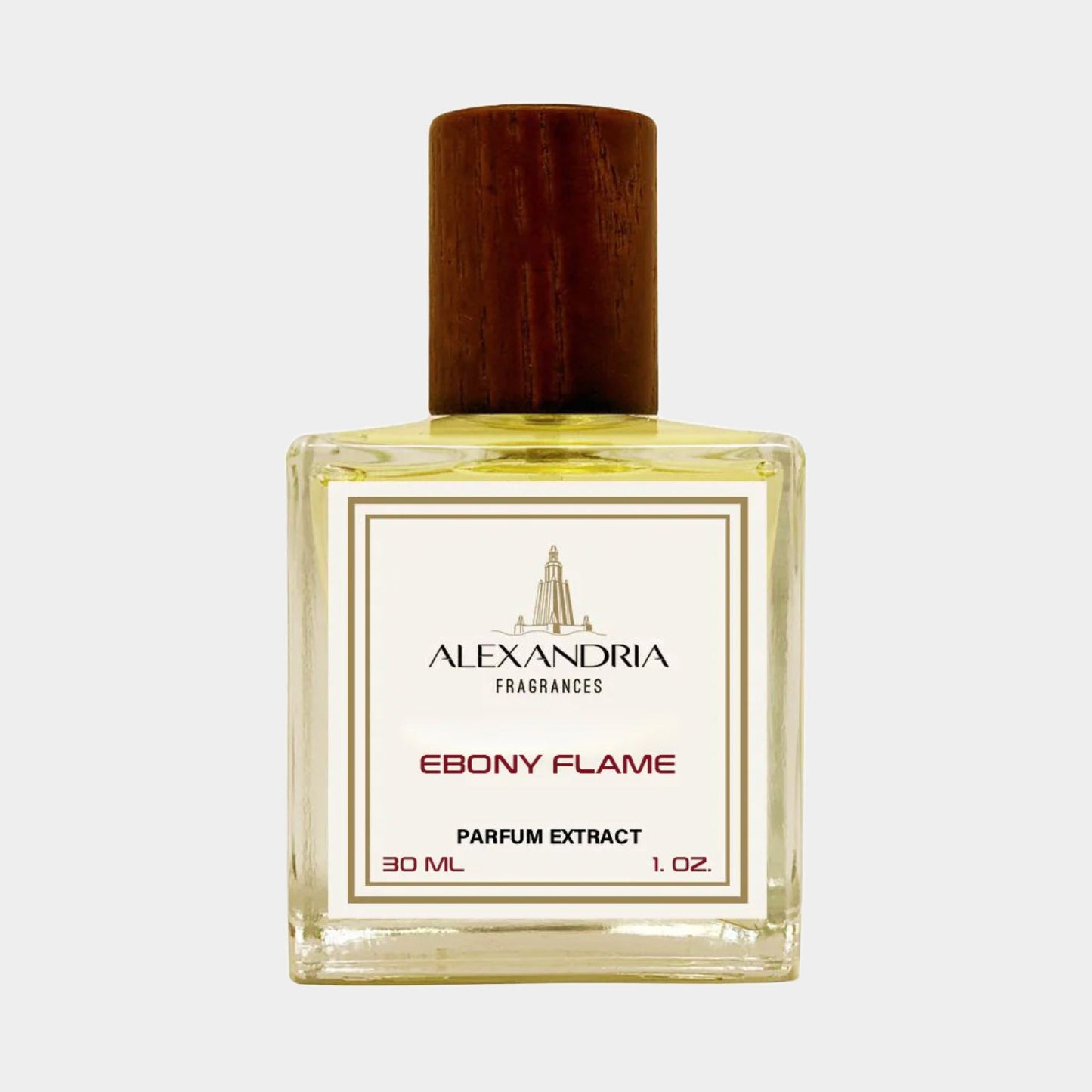 A stylish glass bottle of Alexandria Fragrances Ebony Flame Sample, featuring a wooden cap and a label indicating it contains 30 mL of parfum extract. The fragrance is presented with an elegant design featuring the Alexandria logo.