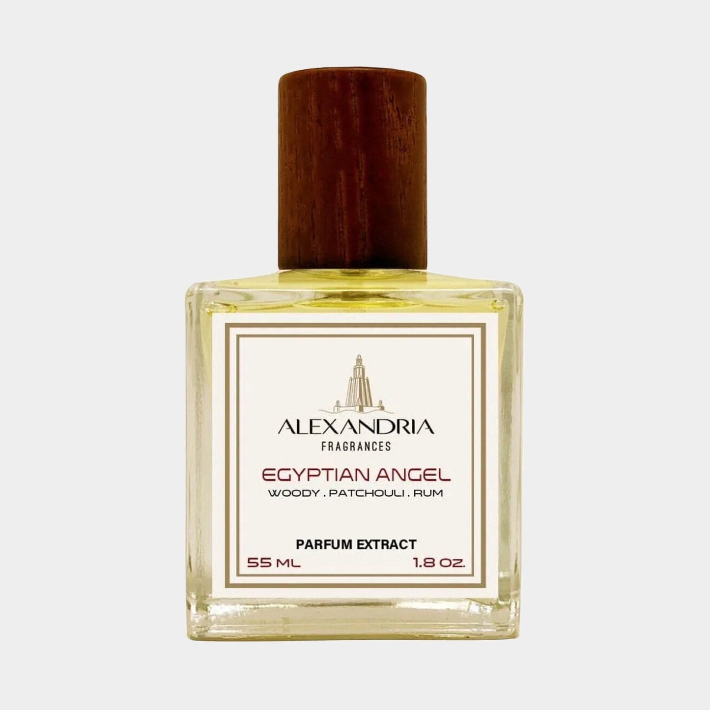 Short glass bottle of Alexandria Fragrances Egyptian Angel, a parfum extract featuring woody notes, patchouli, and rum, with a wooden cap and label detailing its 55 ml content.