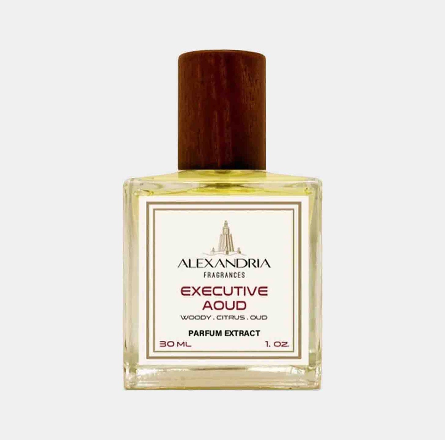 Bottle of Alexandria Fragrances Executive Aoud Sample, featuring a wooden cap and a clear liquid, labeled as a woody, citrus, and oud parfum extract.