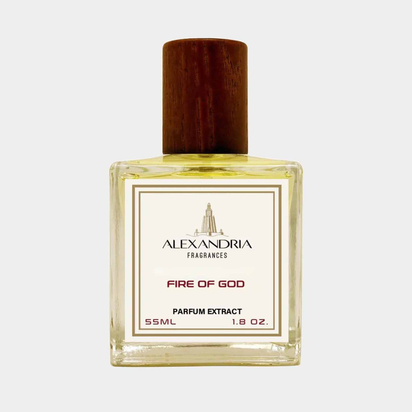 A 55ml glass bottle of Alexandria Fragrances' Fire of God parfum extract, featuring a wooden cap and elegant label. The fragrance is presented as a sample, showcasing its luxurious essence.