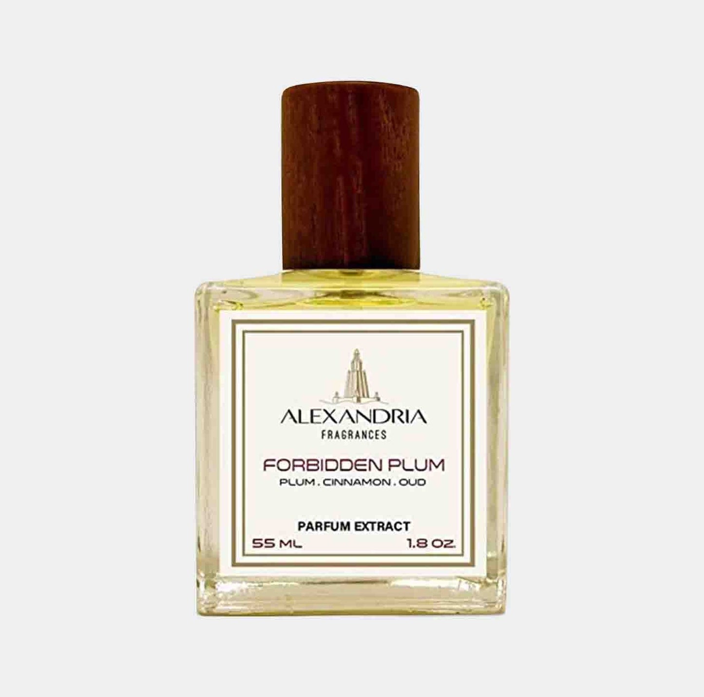A bottle of Alexandria Fragrances Forbidden Plum Sample, featuring a sleek design with a wooden cap, showcasing its contents of parfum extract in a vibrant yellow liquid. The label highlights key notes of plum, cinnamon, and oud.