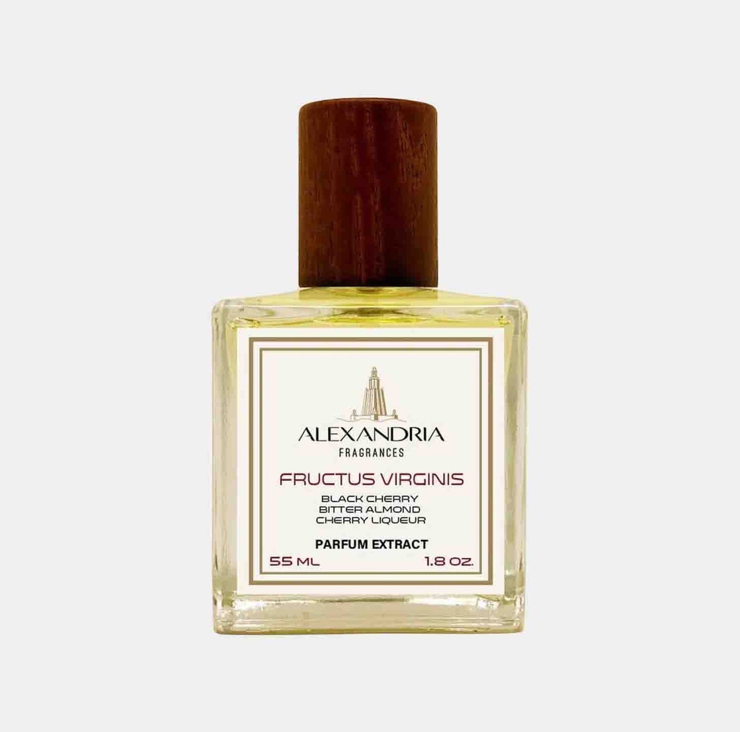 Alexandria Fragrances Fructus Virginis Sample is a 55 ml parfum extract featuring notes of black cherry, bitter almond, and cherry liqueur, elegantly presented in a glass bottle with a wooden cap.