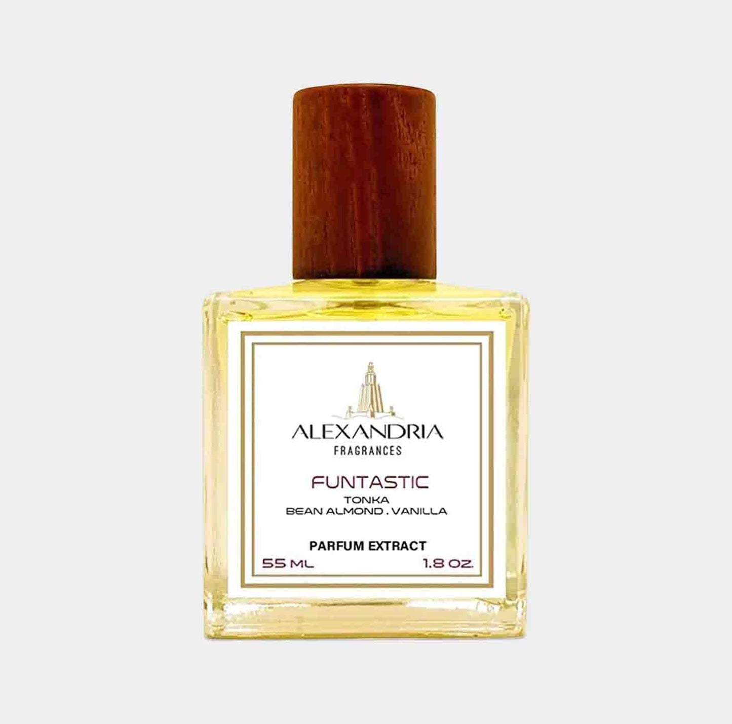 A bottle of Alexandria Fragrances Funtastic, a parfum extract featuring notes of tonka bean, almond, and vanilla. The elegant glass bottle has a wooden cap and holds 55 mL (1.8 oz) of fragrance.