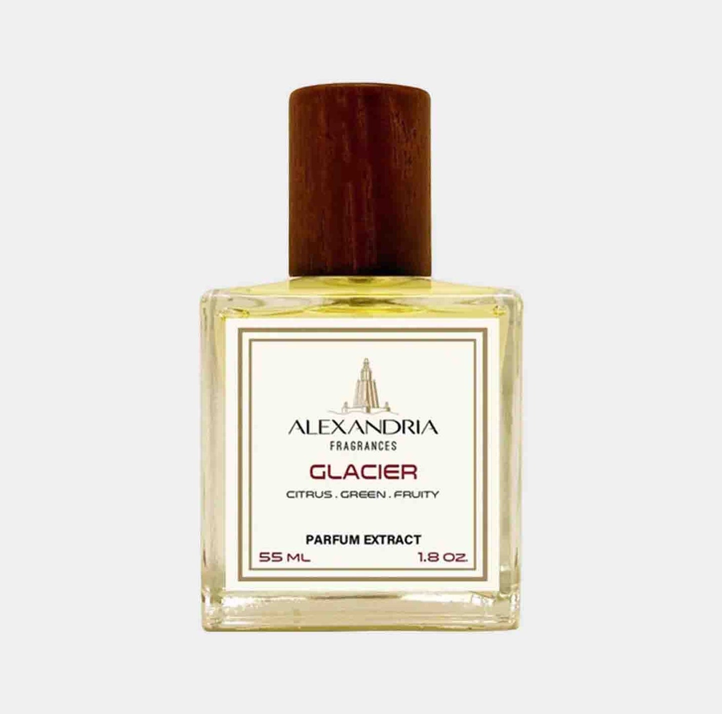 A 55 ml glass bottle of Alexandria Fragrances Glacier Sample with a wooden cap, featuring a label that highlights its citrus, green, and fruity notes.