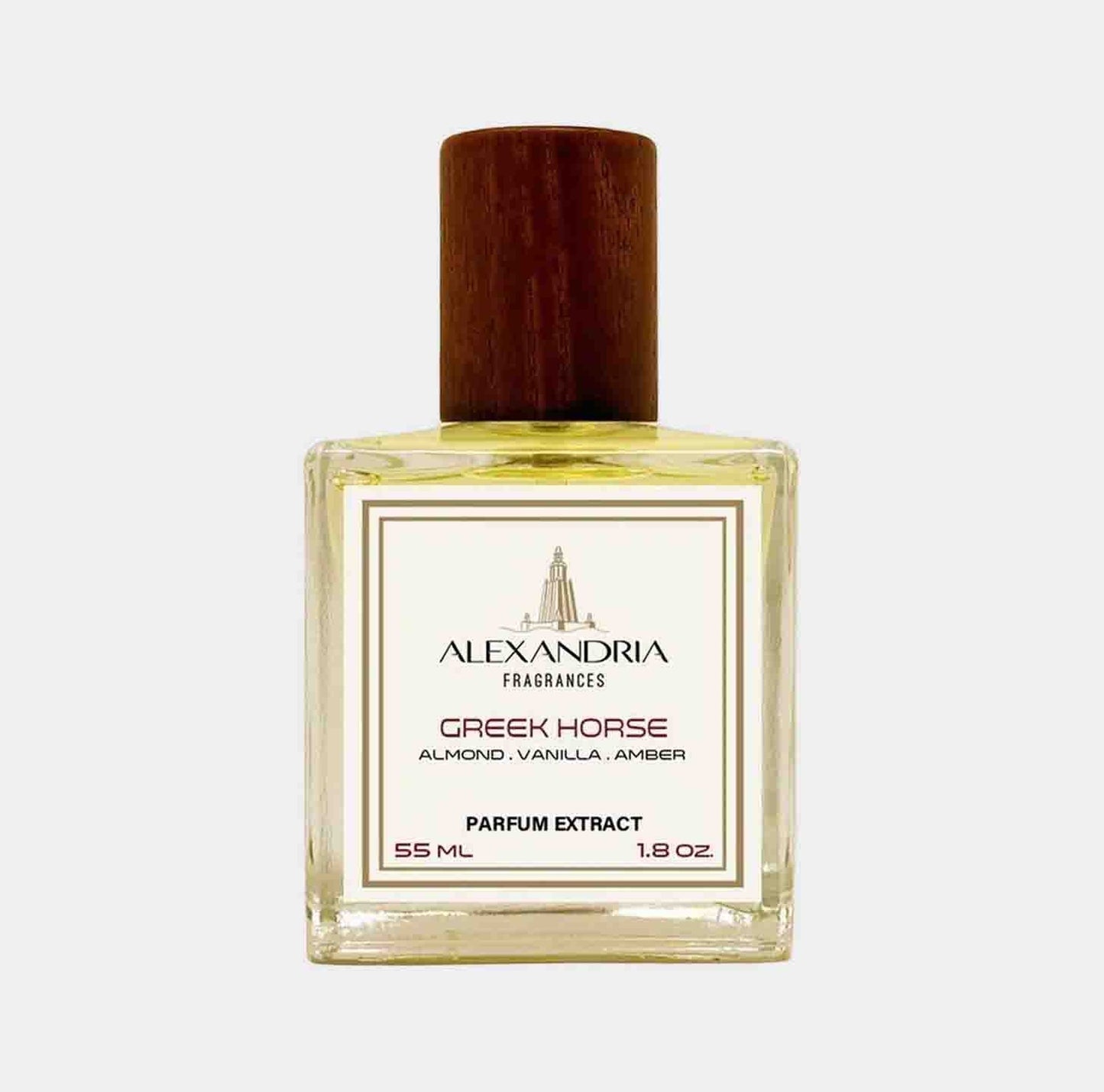 Bottle of Alexandria Fragrances Greek Horse Sample, featuring a golden liquid and a wooden cap, labeled with notes of almond, vanilla, and amber. The bottle contains 55 ml of parfum extract.