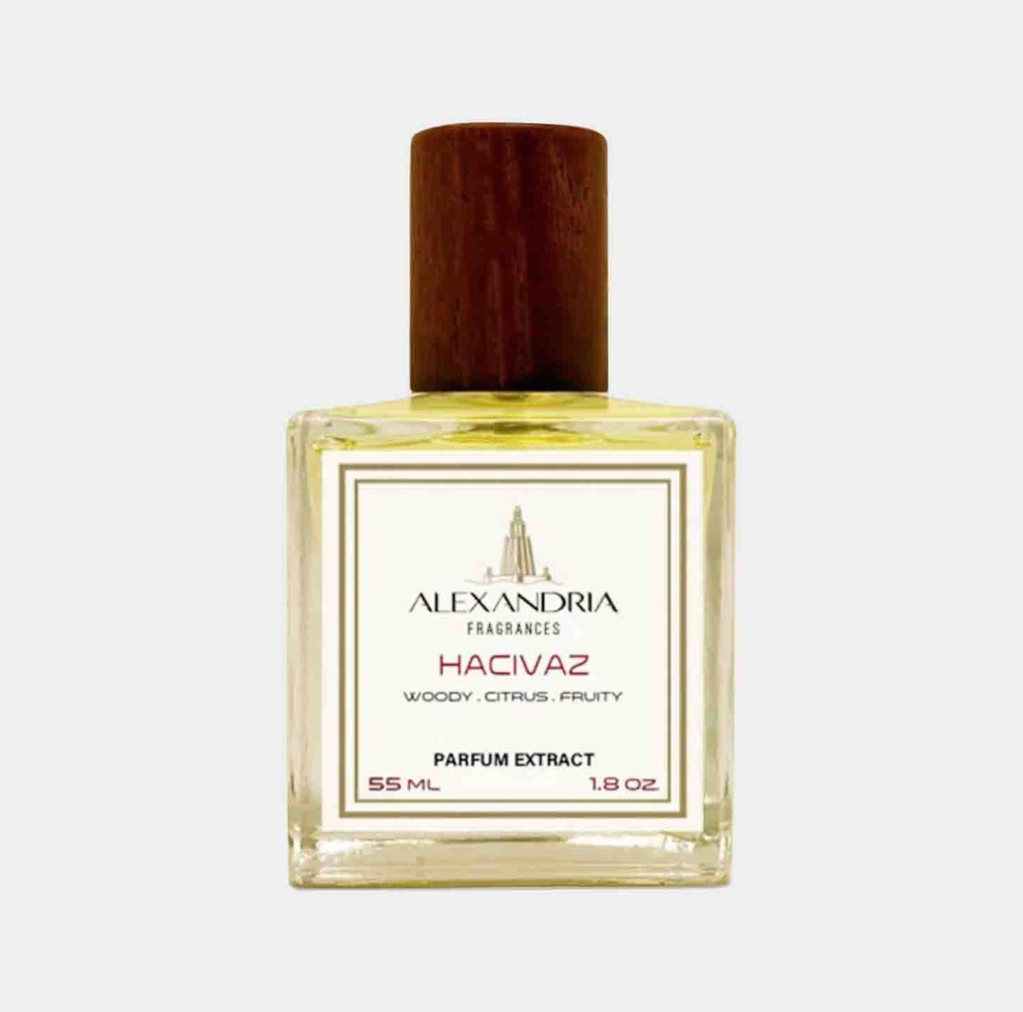 A bottle of Alexandria Fragrances Hacivaz Sample, featuring a wooden cap and a label that describes the scent as woody, citrus, and fruity. The bottle holds 55 mL of parfum extract.