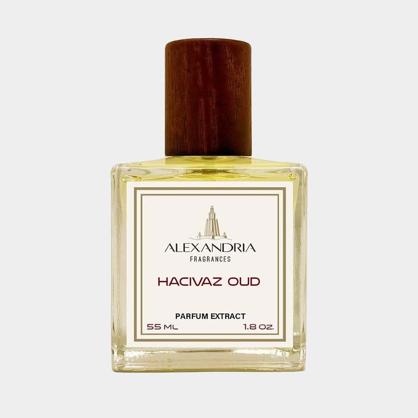 A full bottle of Alexandria Fragrances Hacivaz Oud, featuring a 55 ml glass container with a wooden cap and a label that displays the brand name and fragrance details.