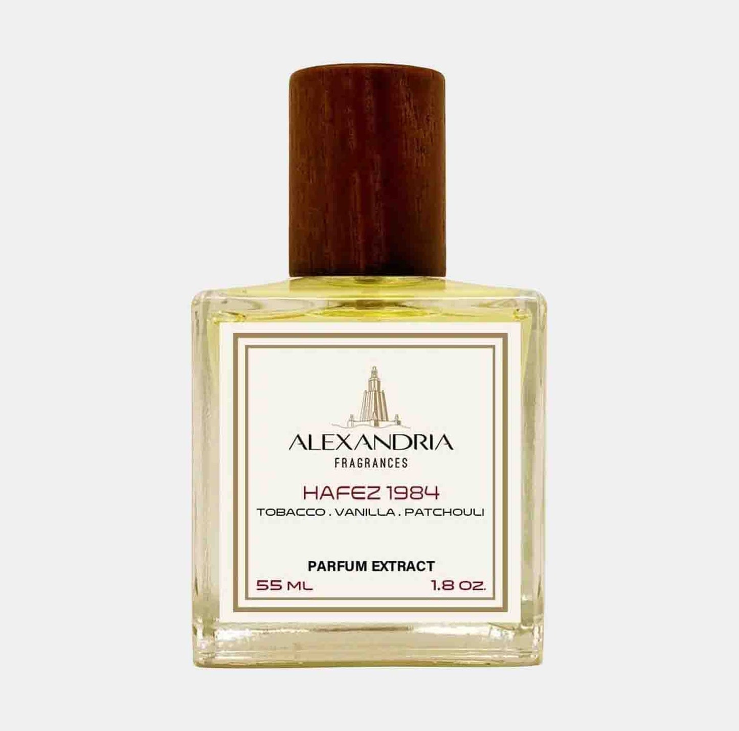 A 55ml bottle of Alexandria Fragrances Hafez 1984 Original Sample, featuring a wooden cap and a label that highlights its notes of tobacco, vanilla, and patchouli.