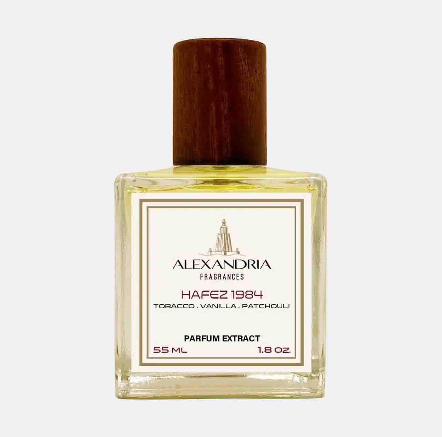 A 55ml bottle of Alexandria Fragrances Hafez 1984 Original Sample, featuring a wooden cap and a label that highlights its notes of tobacco, vanilla, and patchouli.