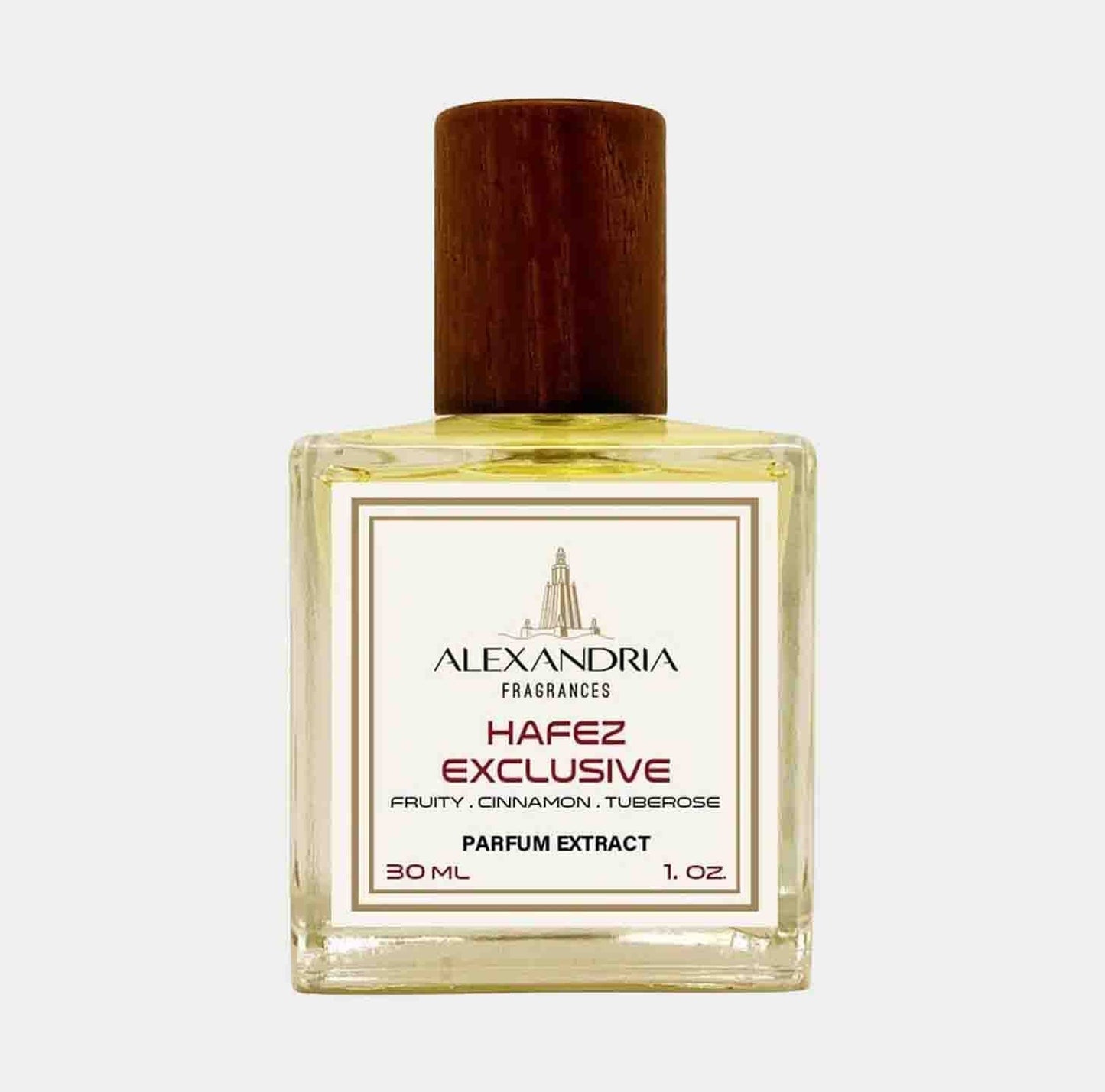 A clear glass bottle of Alexandria Fragrances Hafez Exclusive Sample, featuring a wooden cap and a label that describes it as a parfum extract with notes of fruity, cinnamon, and tuberose. The bottle contains 30 mL of fragrance.