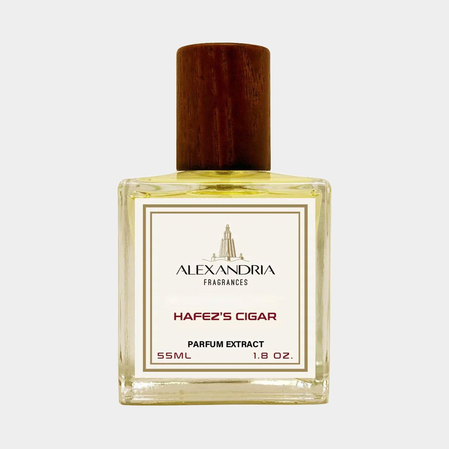 A 55ml glass bottle of Alexandria Fragrances Hafez's Cigar, featuring a wooden cap and a label that highlights its parfum extract formulation.