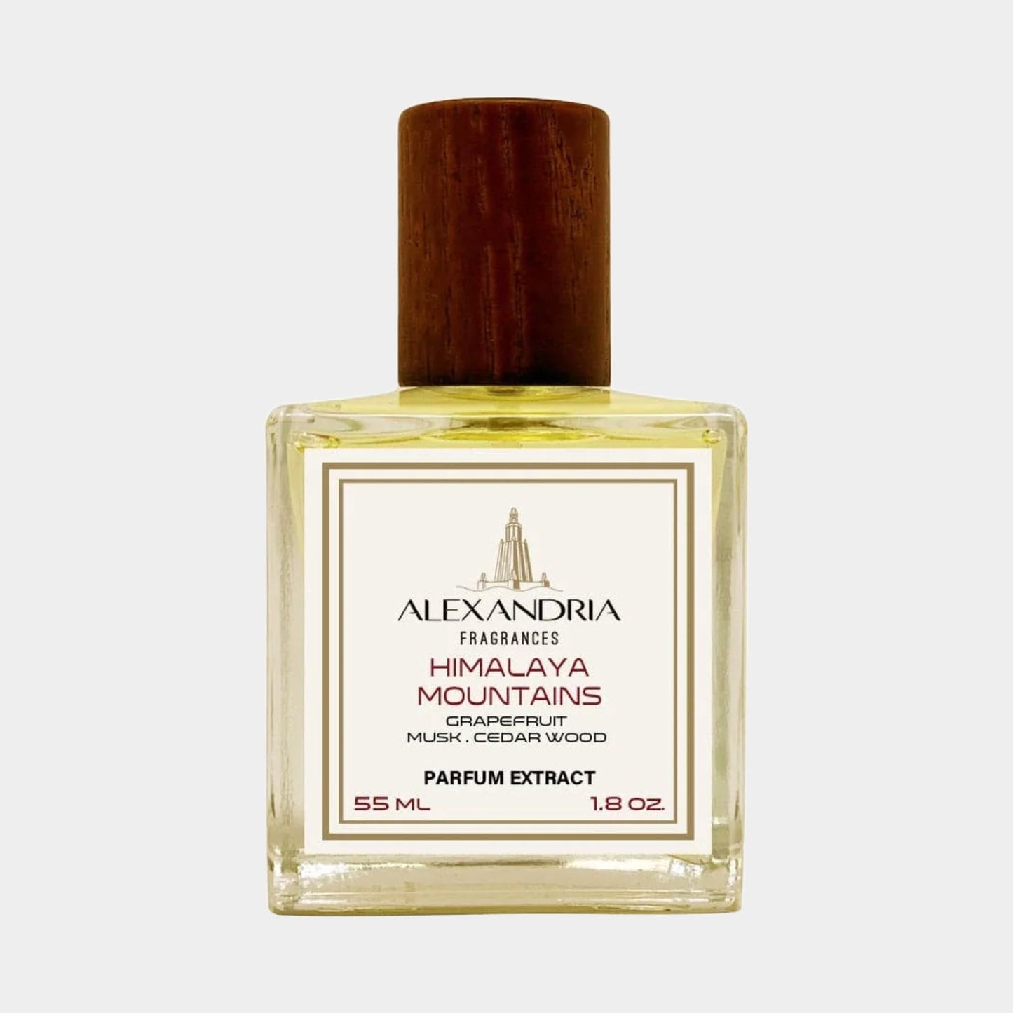 Alexandria Fragrances Himalaya Mountains Sample in a clear glass bottle with a wooden cap, featuring notes of grapefruit, musk, and cedar wood.