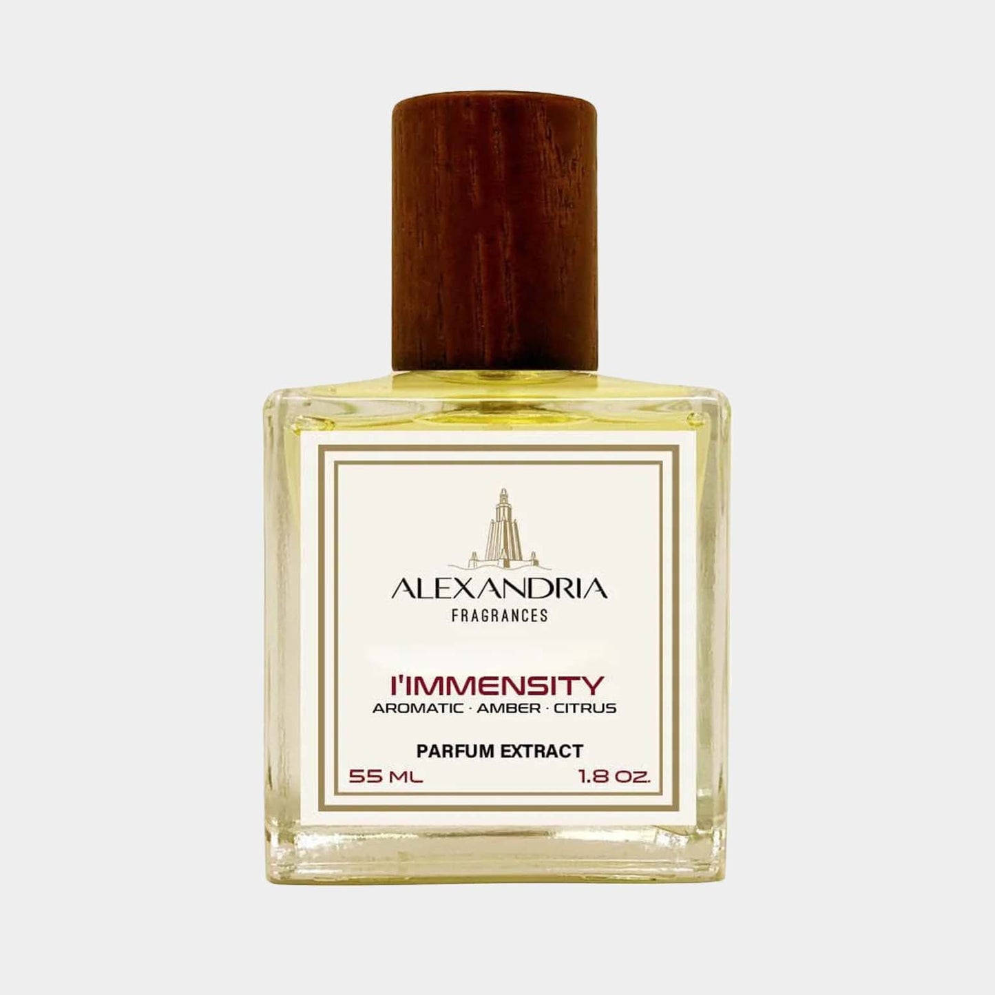 A clear glass bottle of Alexandria Fragrances L'Immensity, featuring a wooden cap and labeled as an aromatic amber-citrus parfum extract. The bottle holds 55 mL (1.8 oz) of fragrance.