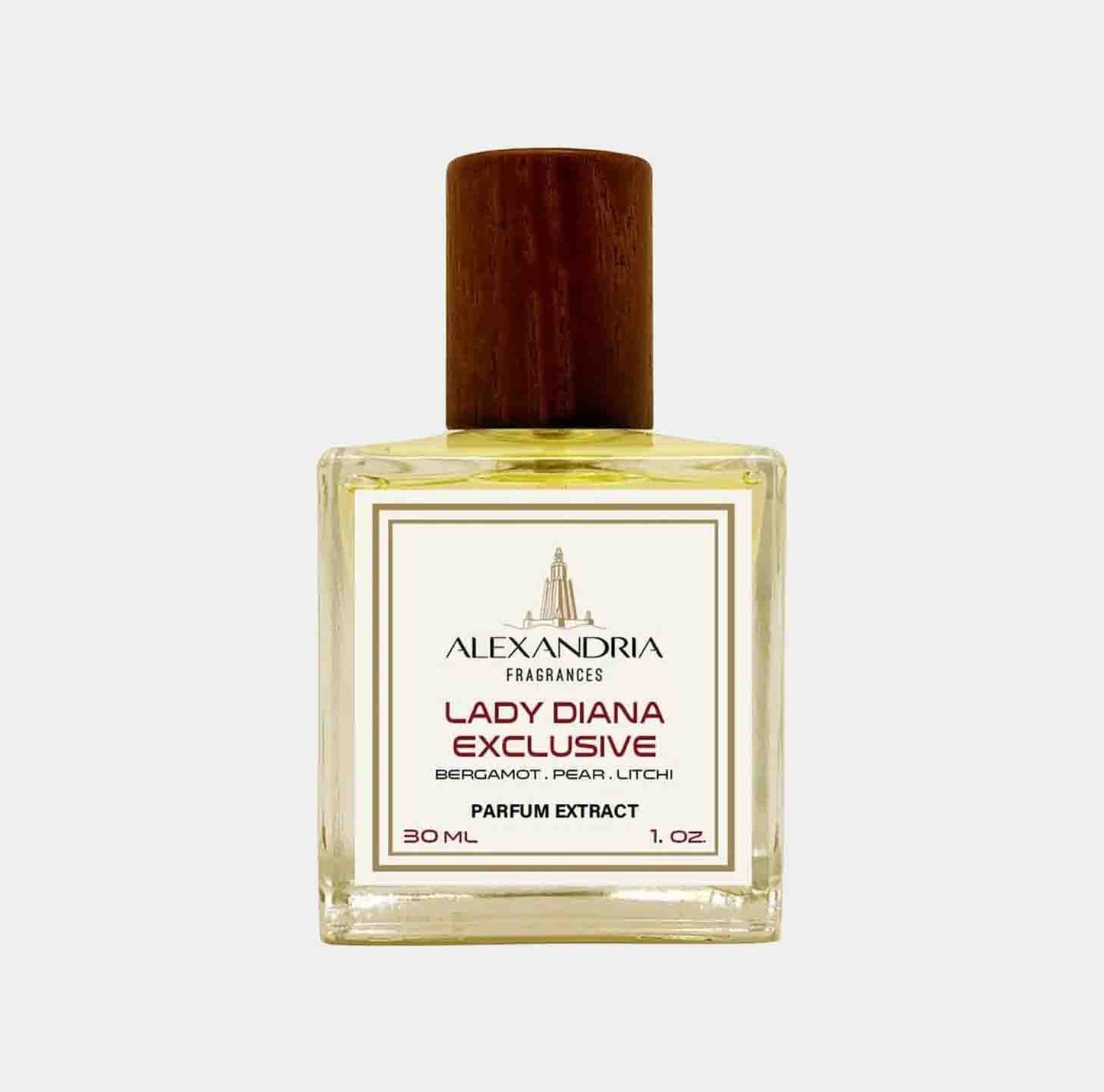 A 30 mL bottle of Alexandria Fragrances Lady Diana Exclusive Sample. The elegant fragrance features notes of bergamot, pear, and litchi, presented in a stylish glass bottle with a wooden cap.