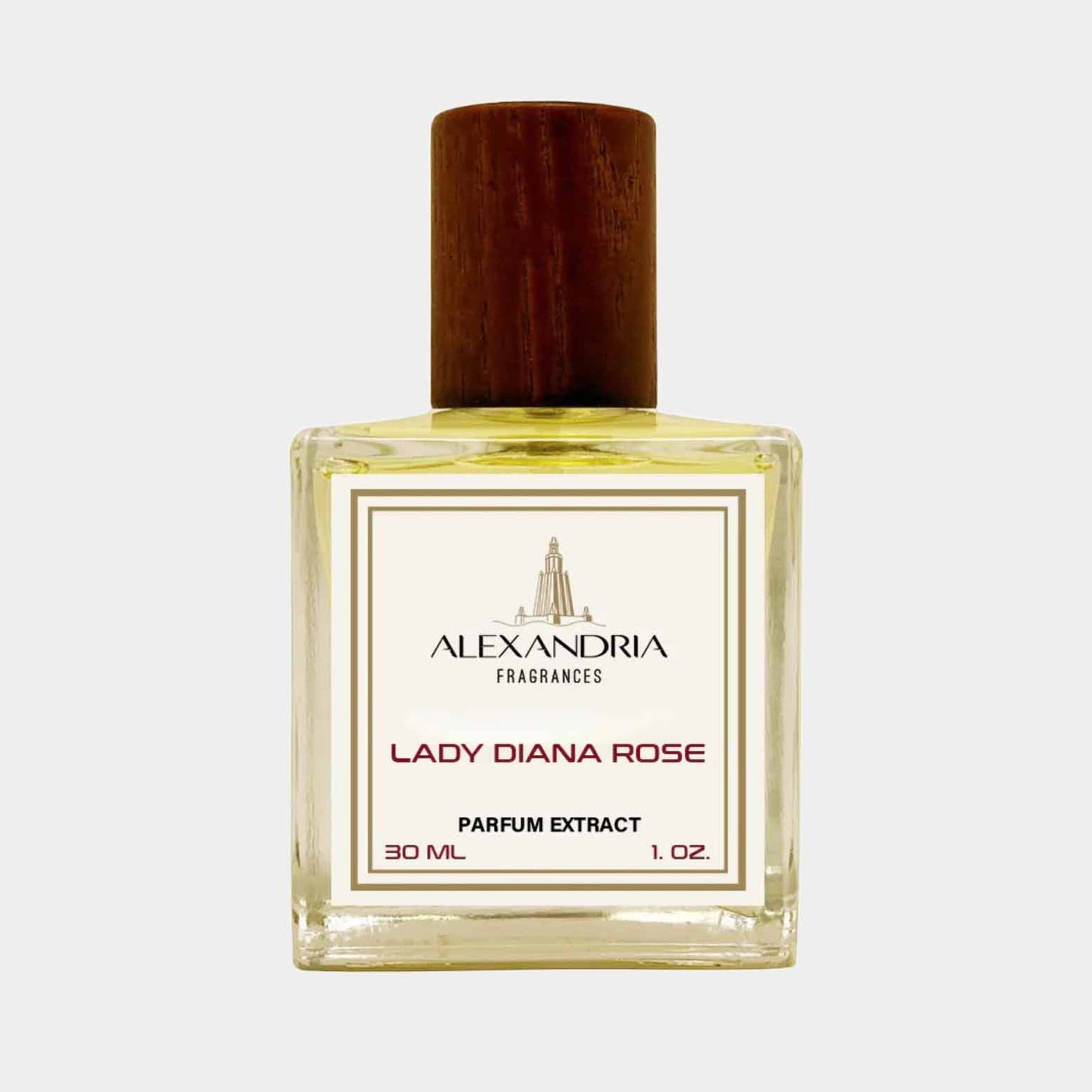 A 30 ml bottle of Alexandria Fragrances Lady Diana Rose sample, featuring a rectangular glass design with a wooden cap, showcasing a pale yellow parfum extract inside.