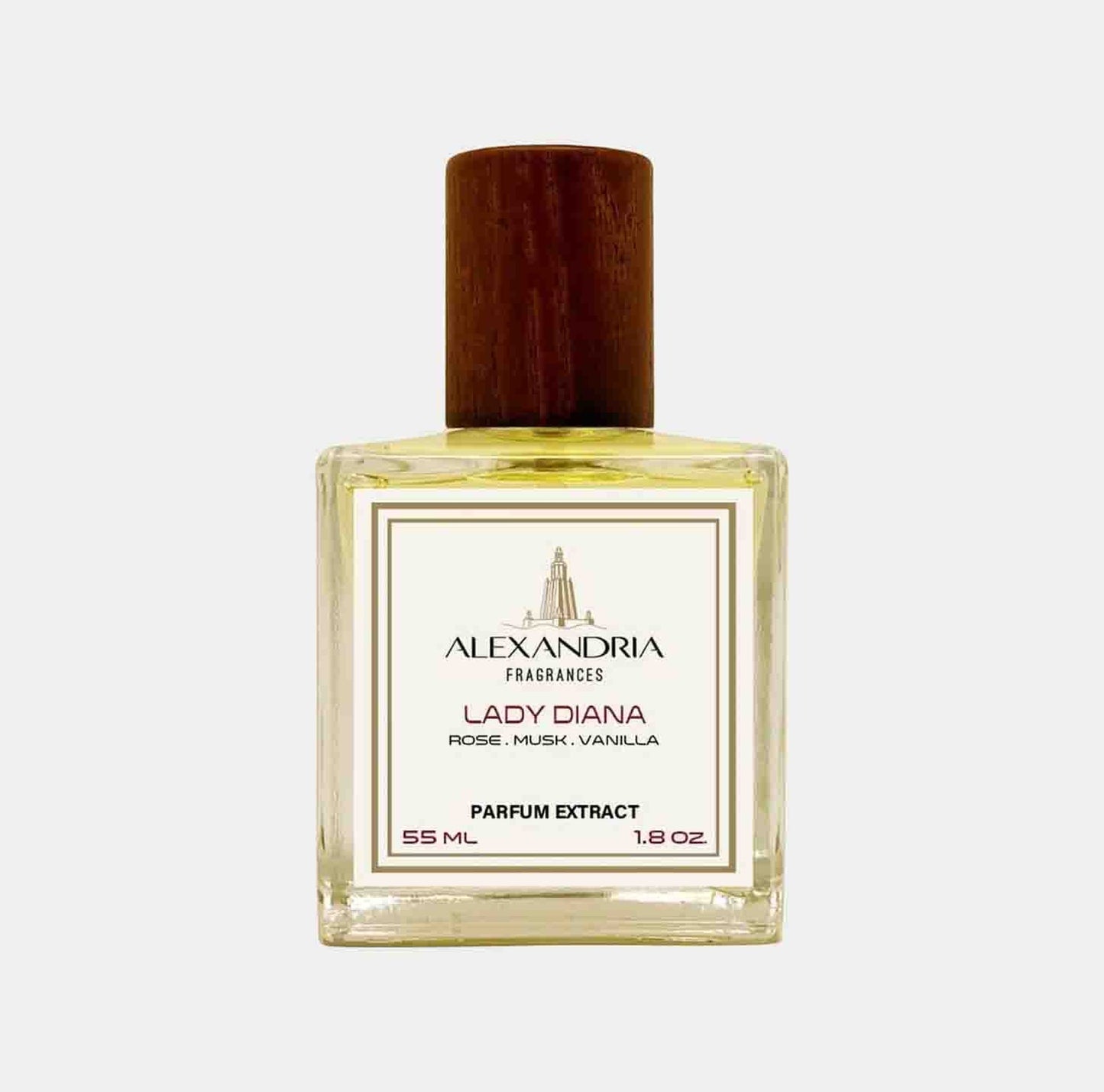 A full bottle of Alexandria Fragrances Lady Diana, featuring a stylish design with a wooden cap. The fragrance notes are rose, musk, and vanilla, presented in a 55 ml (1.8 oz) parfum extract format.