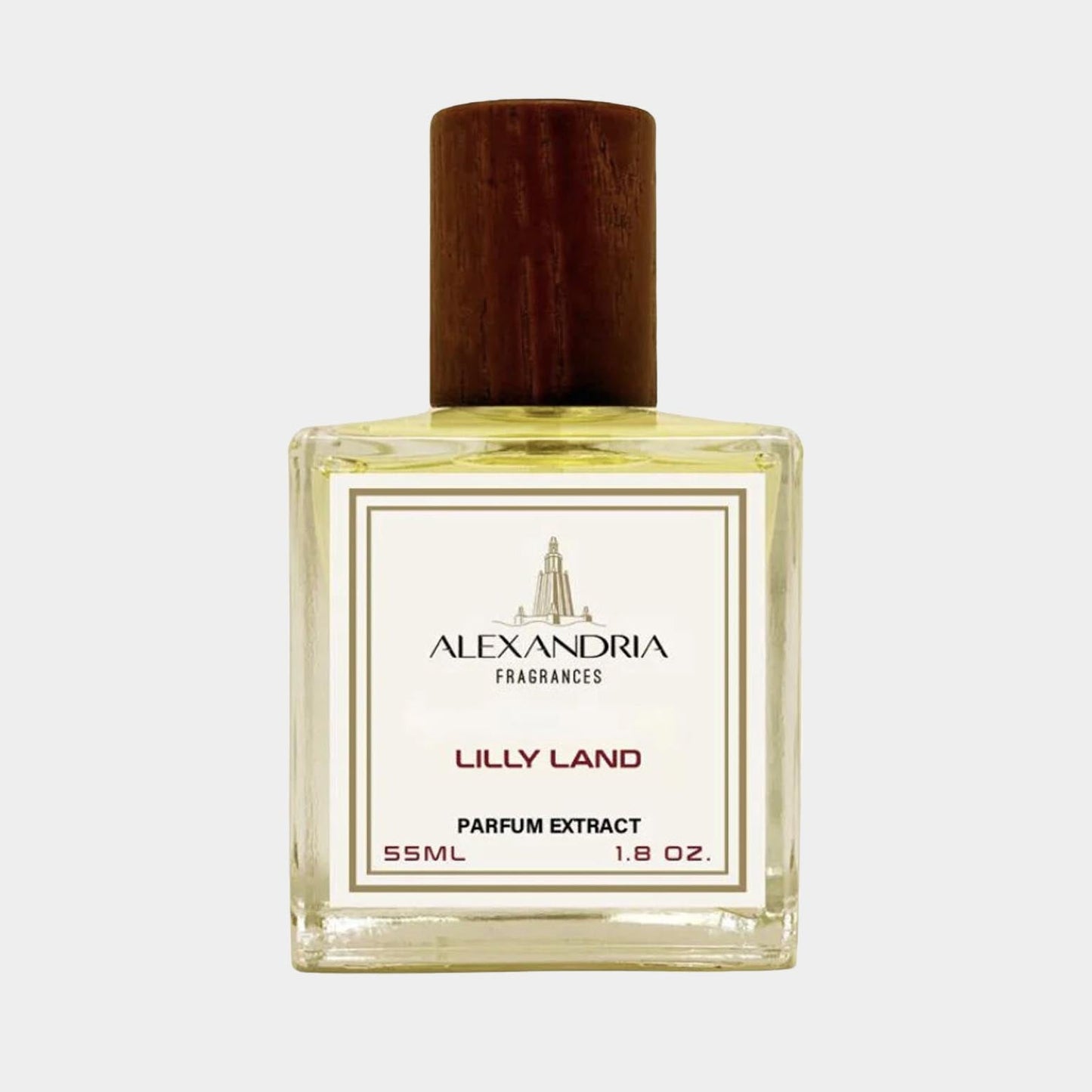 A 55ml bottle of Alexandria Fragrances Lilly Land Sample, featuring a clear liquid and a wooden cap, elegantly labeled with the brand and fragrance name.