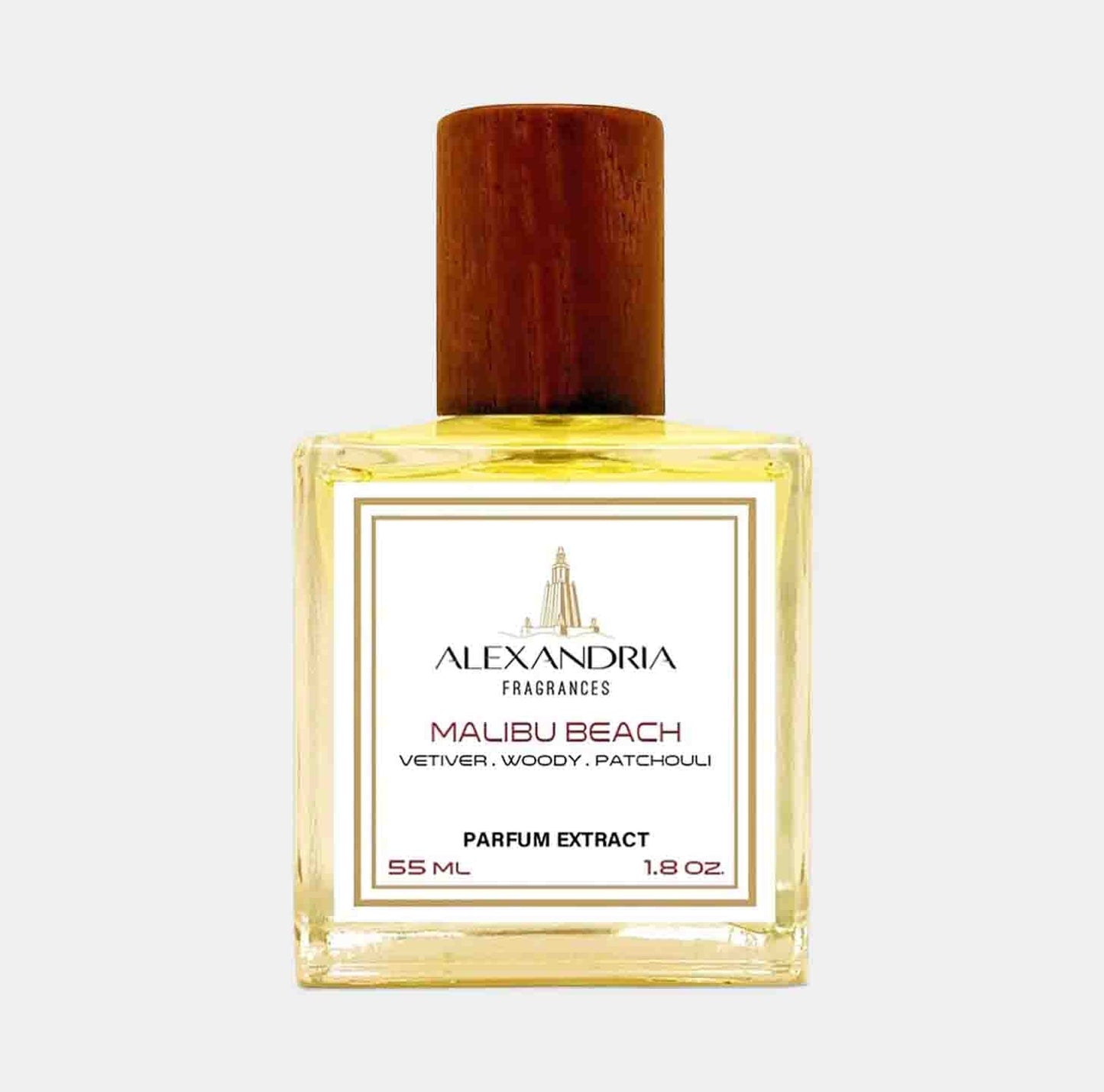 Alexandria Fragrances Malibu Beach Sample is a parfum extract in a 55ml glass bottle, featuring a wooden cap and a label detailing its vetiver, woody, and patchouli notes.