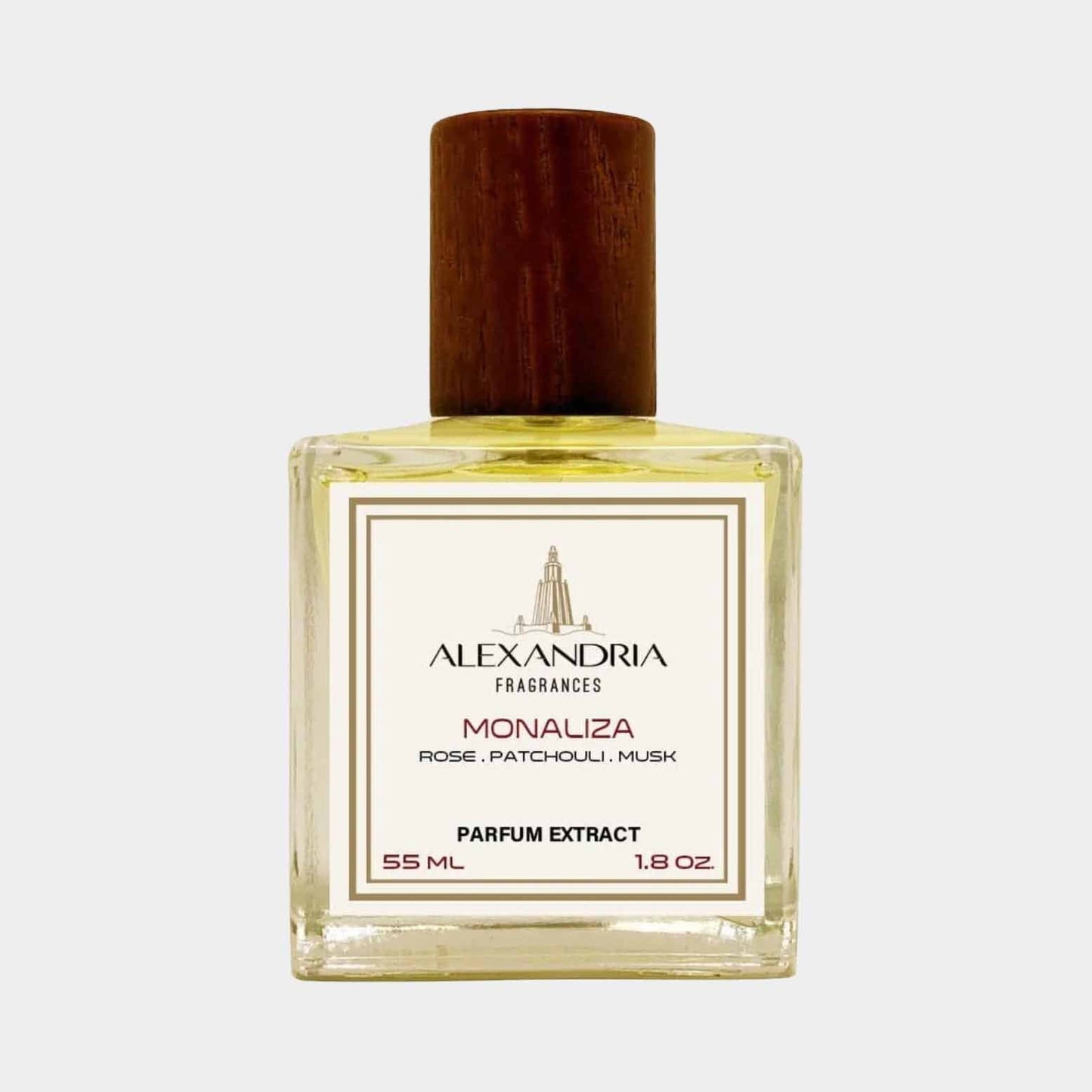 A bottle of Alexandria Fragrances Monaliza Sample, featuring a wooden cap and a label that indicates the fragrance notes of rose, patchouli, and musk, containing 55 ml of parfum extract.
