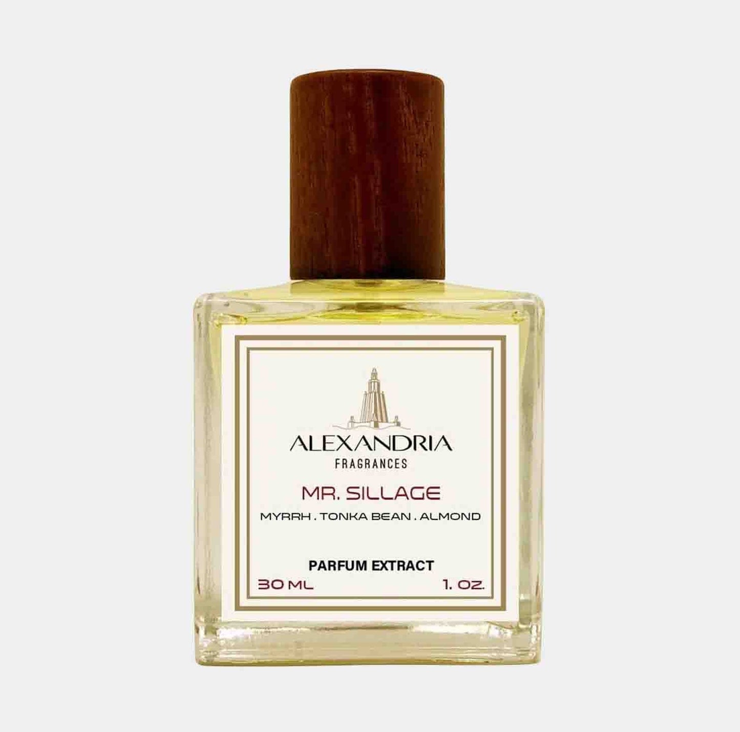 Alexandria Fragrances Mr. Sillage Sample, a 30ml parfum extract featuring notes of myrrh, tonka bean, and almond in a stylish glass bottle with a wooden cap.