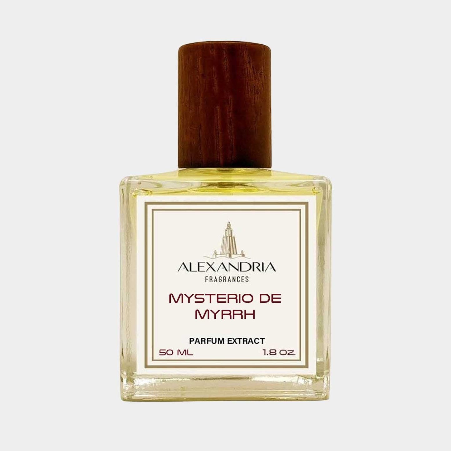 Full bottle of Alexandria Fragrances Mysterio de Myrrh, a parfum extract in a 50 ml size, featuring a stylish wooden cap and an elegant label.
