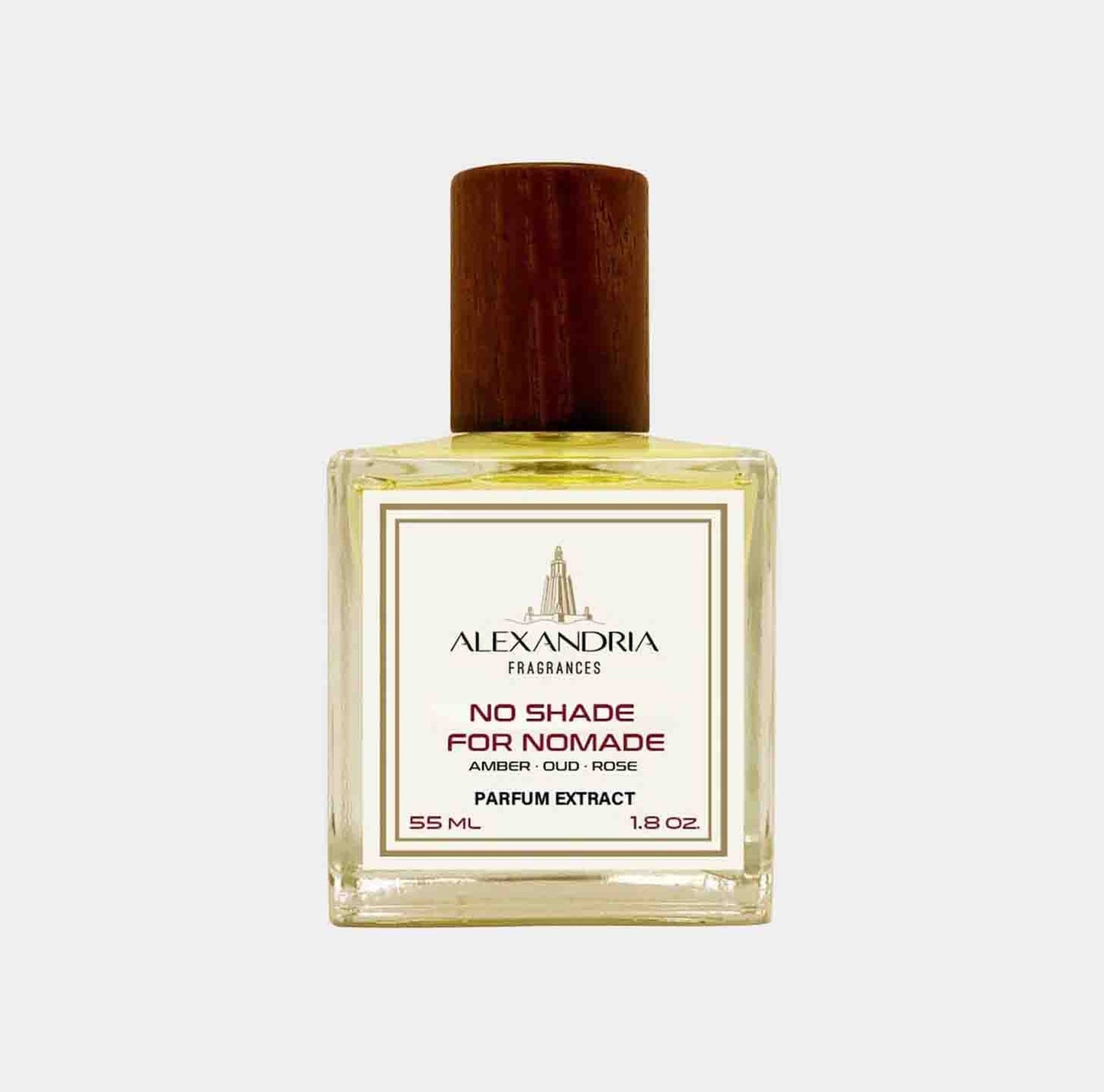 Bottle of Alexandria Fragrances No Shade for Nomade sample, featuring a wooden cap and a label highlighting its amber, oud, and rose notes. The bottle holds 55 ml (1.8 oz) of parfum extract.