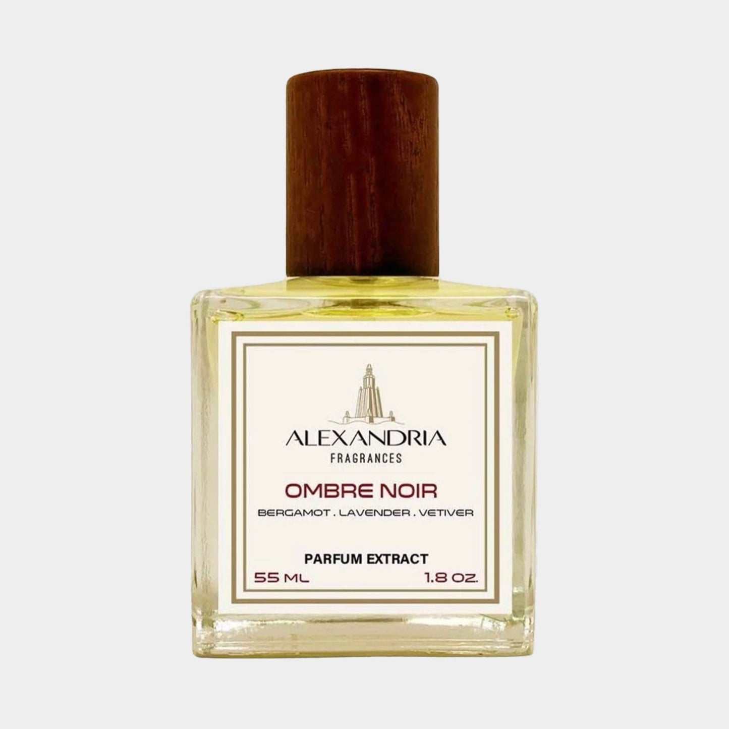 A bottle of Alexandria Fragrances Ombre Noir Sample, featuring a wooden cap and transparent liquid inside, labeled with notes of bergamot, lavender, and vetiver. The bottle contains 55 ml of parfum extract.