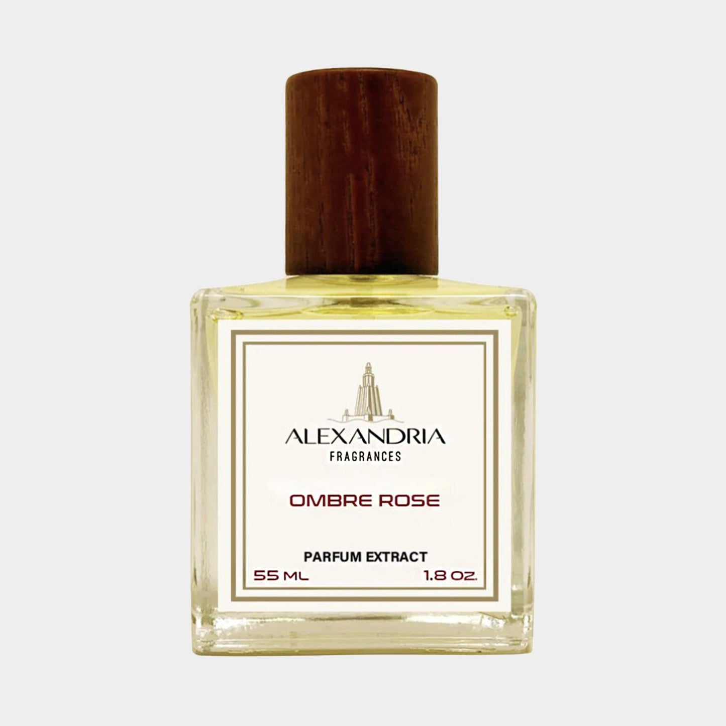 A glass perfume bottle of Alexandria Fragrances Ombre Rose Sample featuring a wood cap, containing 55 mL of parfum extract. The elegant design highlights the luxurious essence of the fragrance.