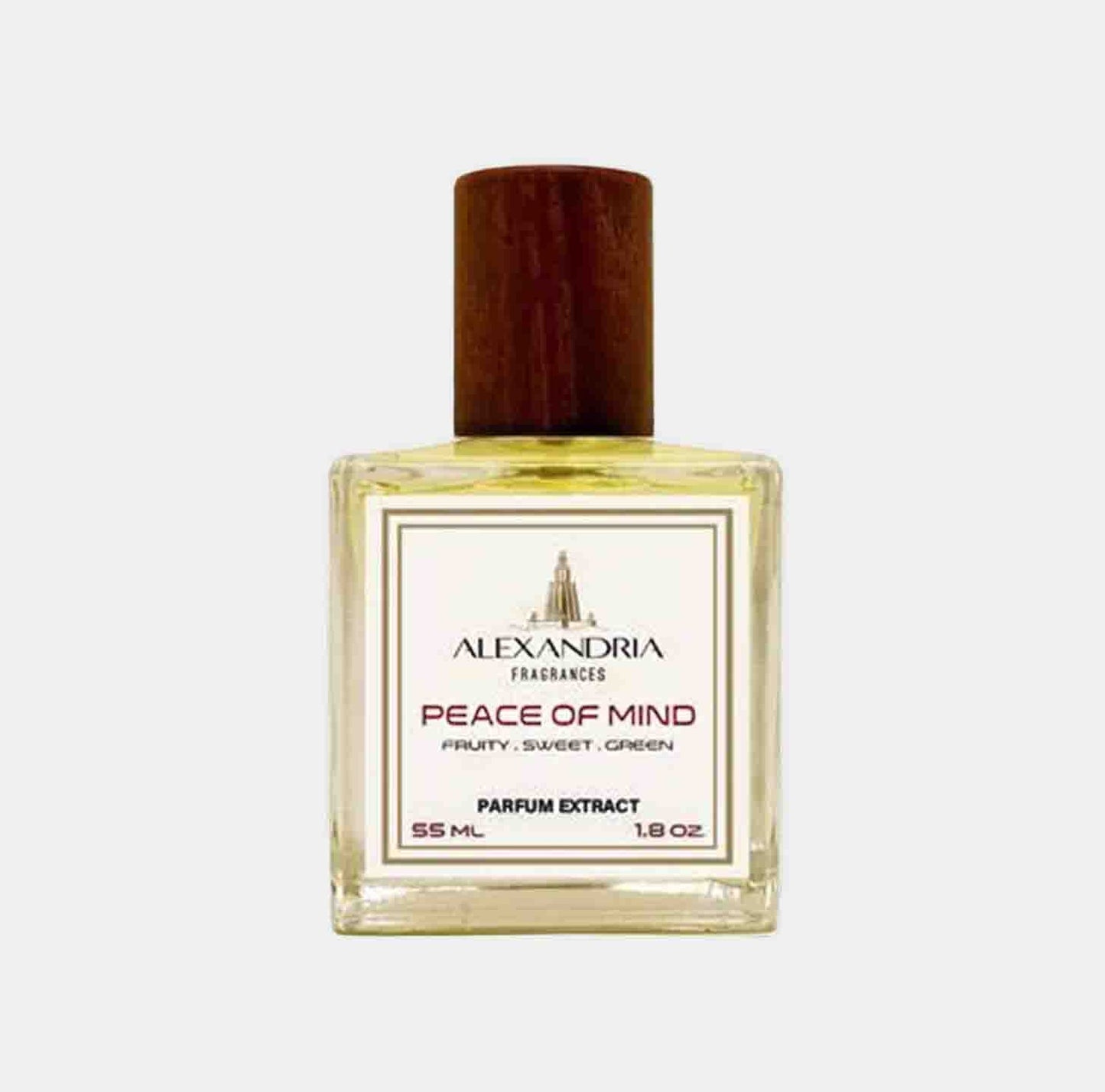 A 55 ml bottle of Alexandria Fragrances' Peace of Mind, featuring a wooden cap and a label that highlights its fruity, sweet, and green scent profile.