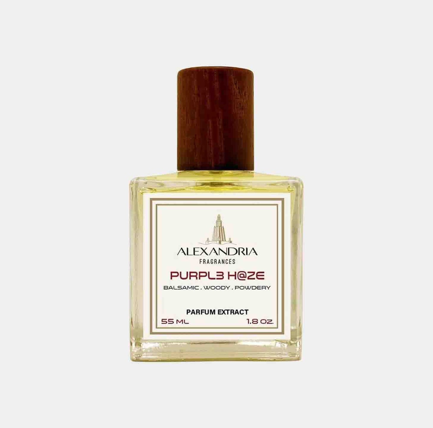 Alexandria Fragrances Purple Haze Sample, a 55ml bottle of parfum extract featuring a balsa wood cap, labeled with notes of balsamic, woody, and powdery scents.