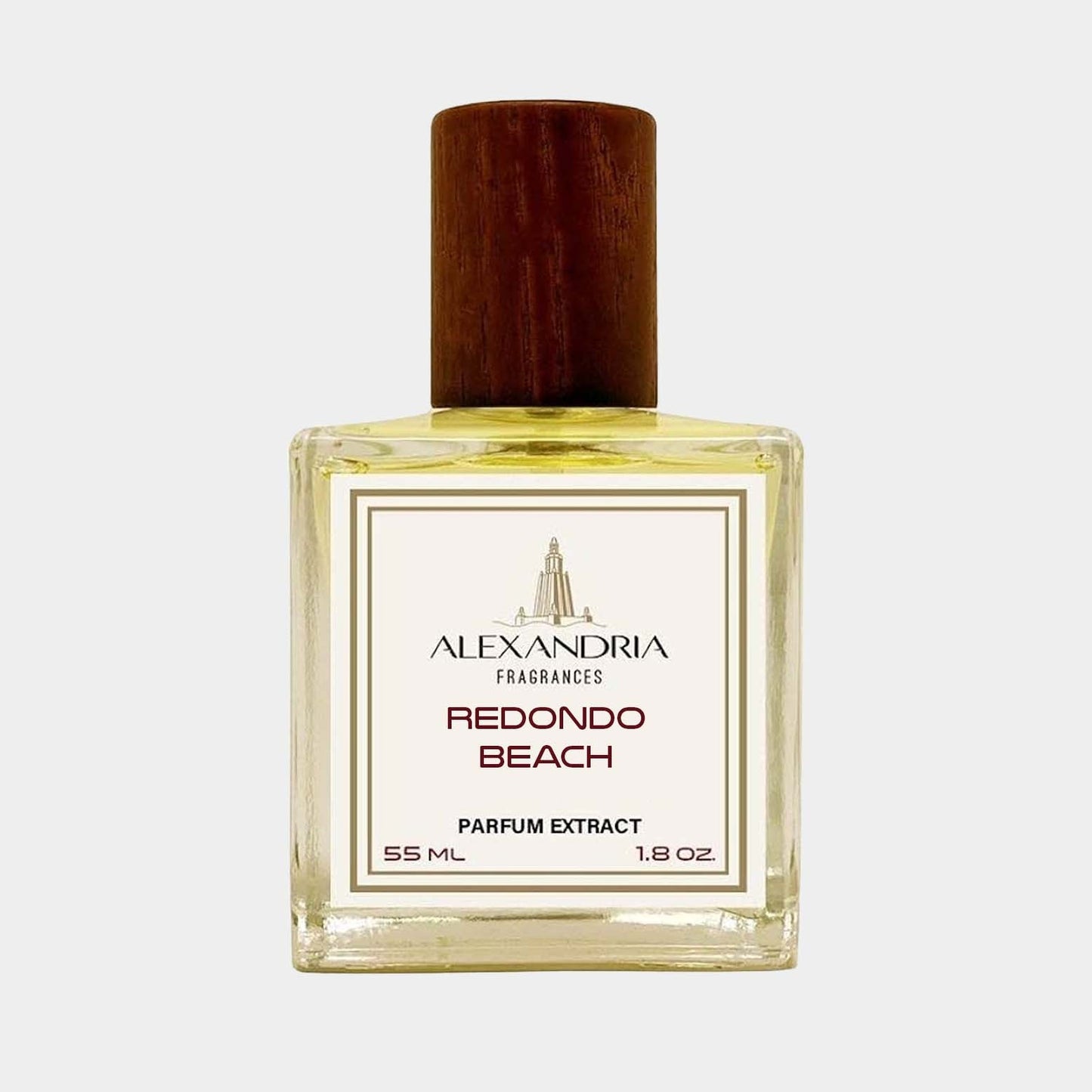 A full bottle of Alexandria Fragrances Redondo Beach perfume, featuring a rectangular glass bottle with a wooden cap and a label that reads Redondo Beach in elegant lettering. The bottle contains 55 ml of parfum extract.
