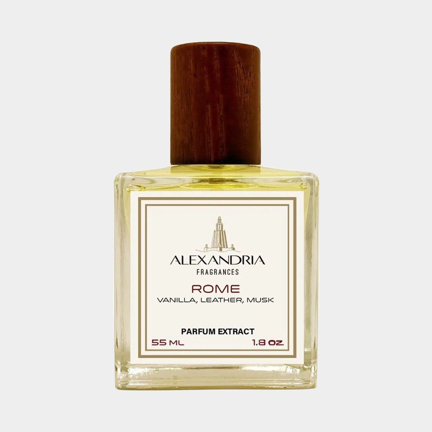 A bottle of Alexandria Fragrances Rome Sample, featuring a wooden cap and a clear glass design. The fragrance blend includes notes of vanilla, leather, and musk, and comes in a 55 ml size.
