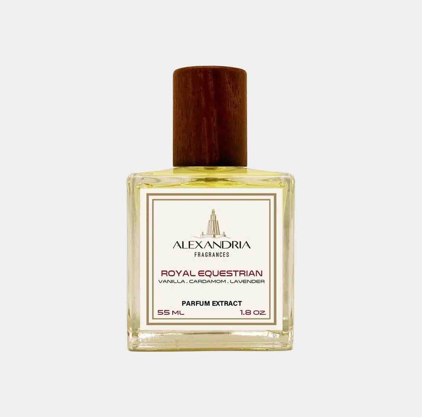 A full bottle of Alexandria Fragrances Royal Equestrian, featuring a blend of vanilla, cardamom, and lavender, presented in a stylish glass bottle with a wooden cap. The bottle holds 55 ml of parfum extract.