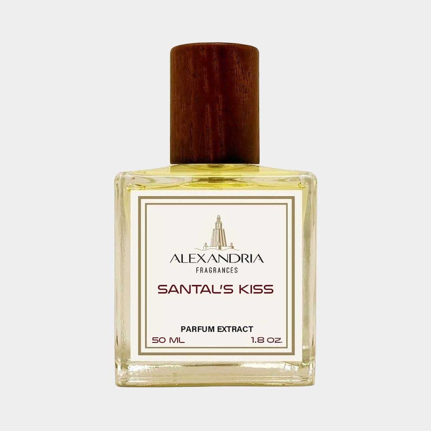 A 50 mL bottle of Alexandria Fragrances Santal's Kiss, featuring a minimalist design with a wooden cap and an elegant label showcasing the fragrance name and brand.
