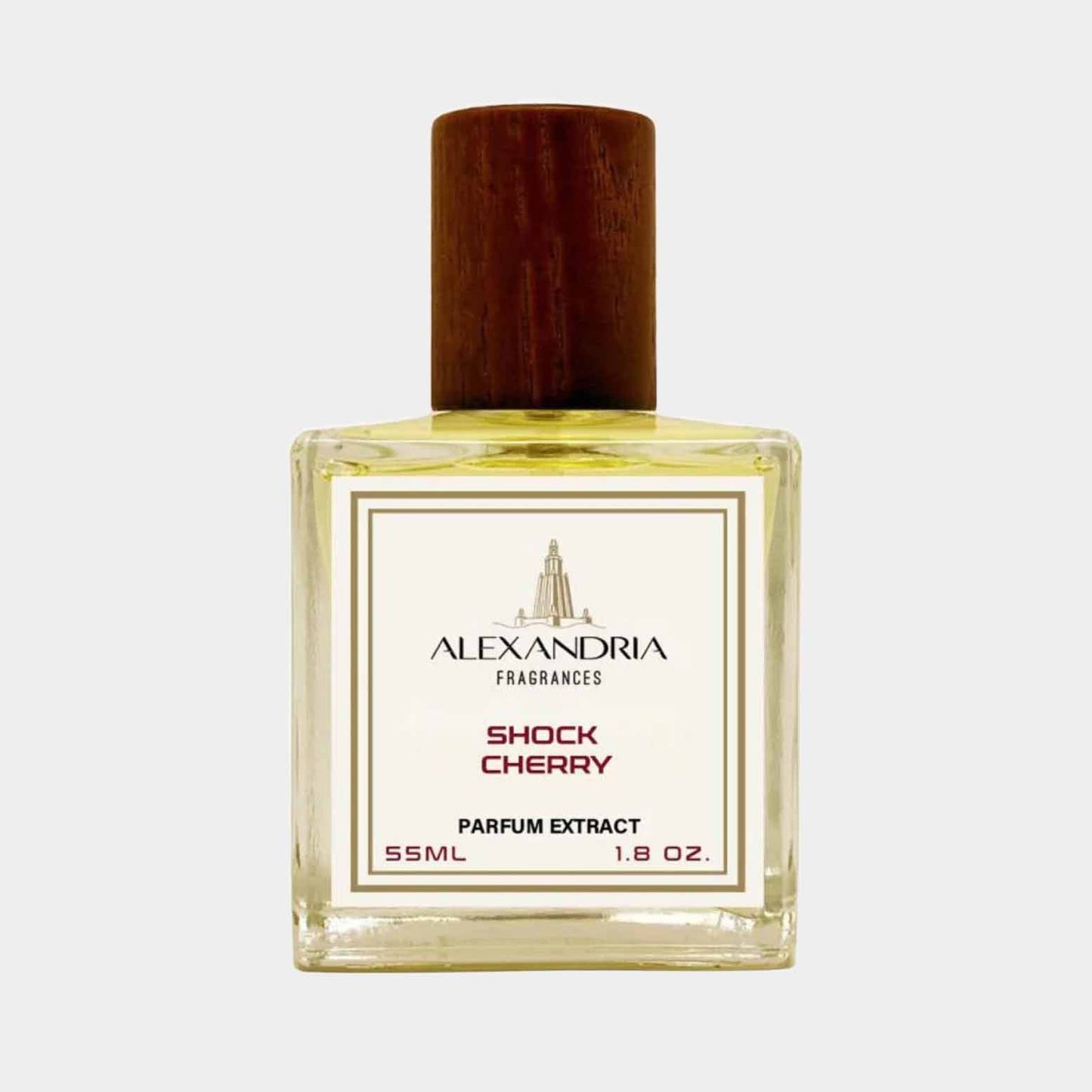 A bottle of Alexandria Fragrances Shock Cherry Sample, featuring a rectangular glass design and a wooden cap, containing 55ML of parfum extract. The label highlights the scent name and brand in elegant fonts.