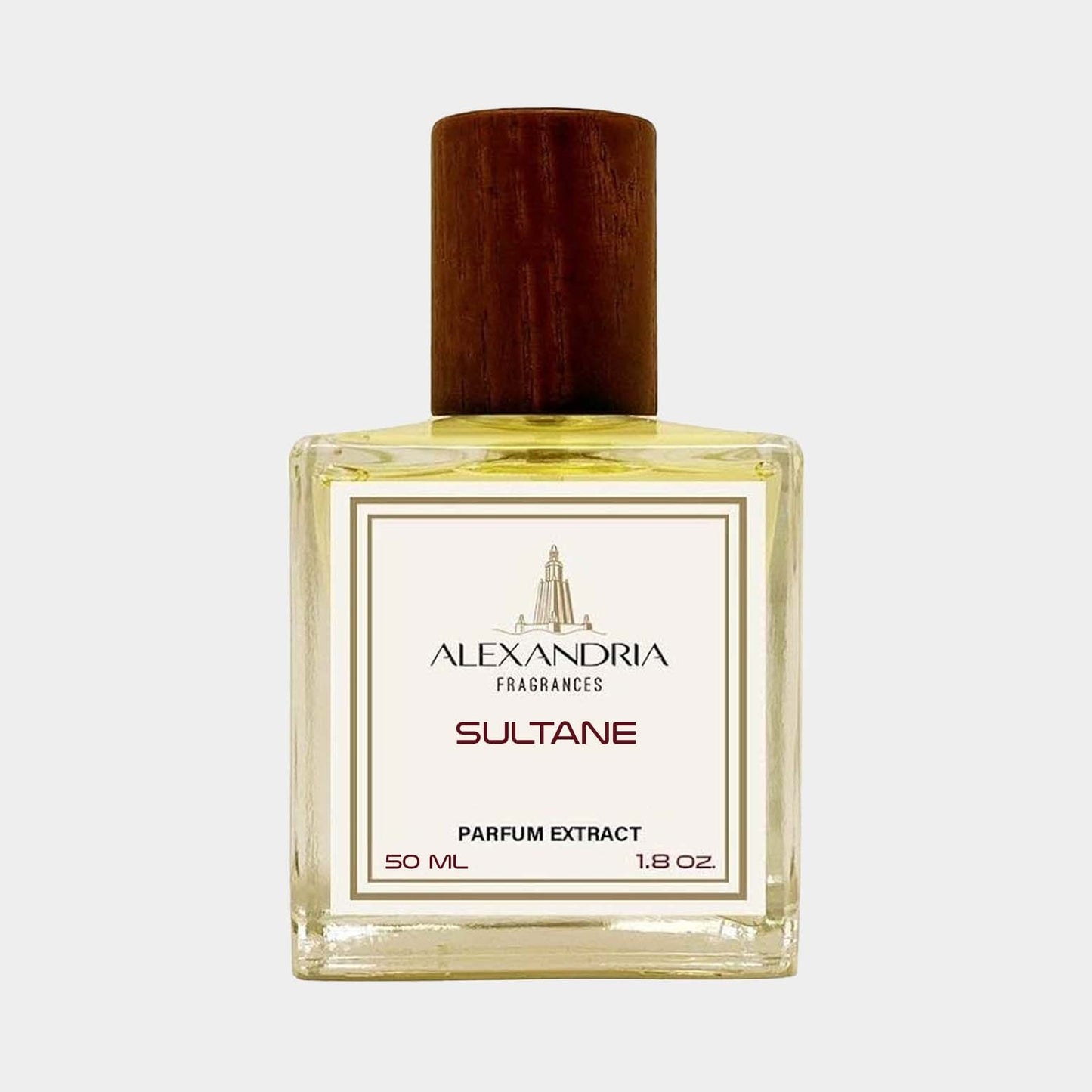 A clear glass bottle of Alexandria Fragrances Sultane, featuring a wooden cap, labeled as a 50 mL parfum extract. The fragrance has a warm yellow hue visible inside the bottle.